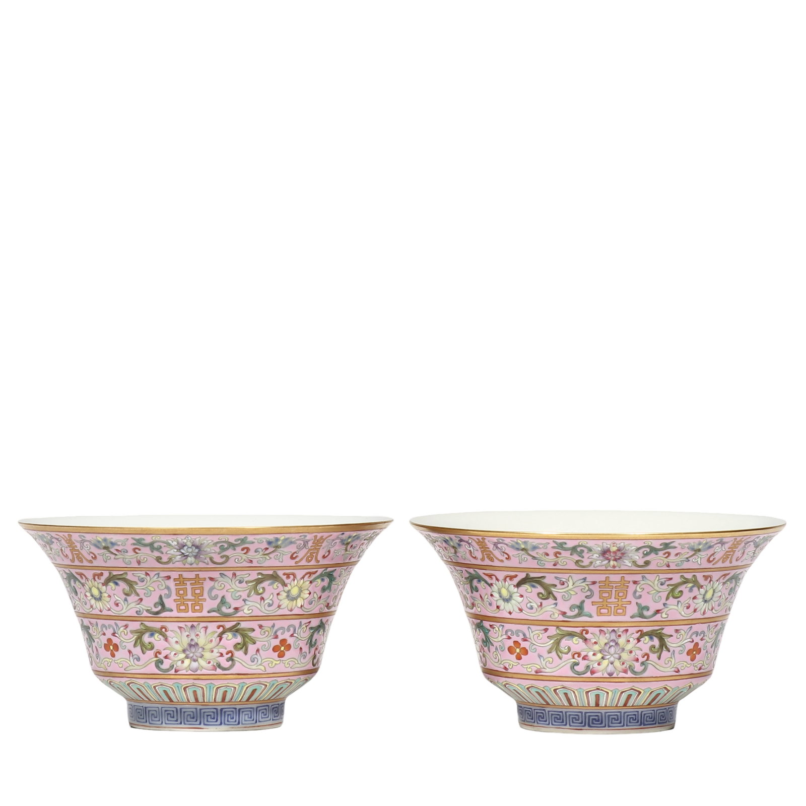 Qing Dynasty Guangxu Period Pair of Pink?Ground Famille?Rose Gilt?Decorated Bowls with: Dimensions?H.7.4 cm (2?7/8 in), Diam.13.5 cm (5?5/16 in) Condition & Provenance?Both bowls survive as an intact pair. Gilding on rim shows minor age?related wear over time. The glaze of two bowls rema