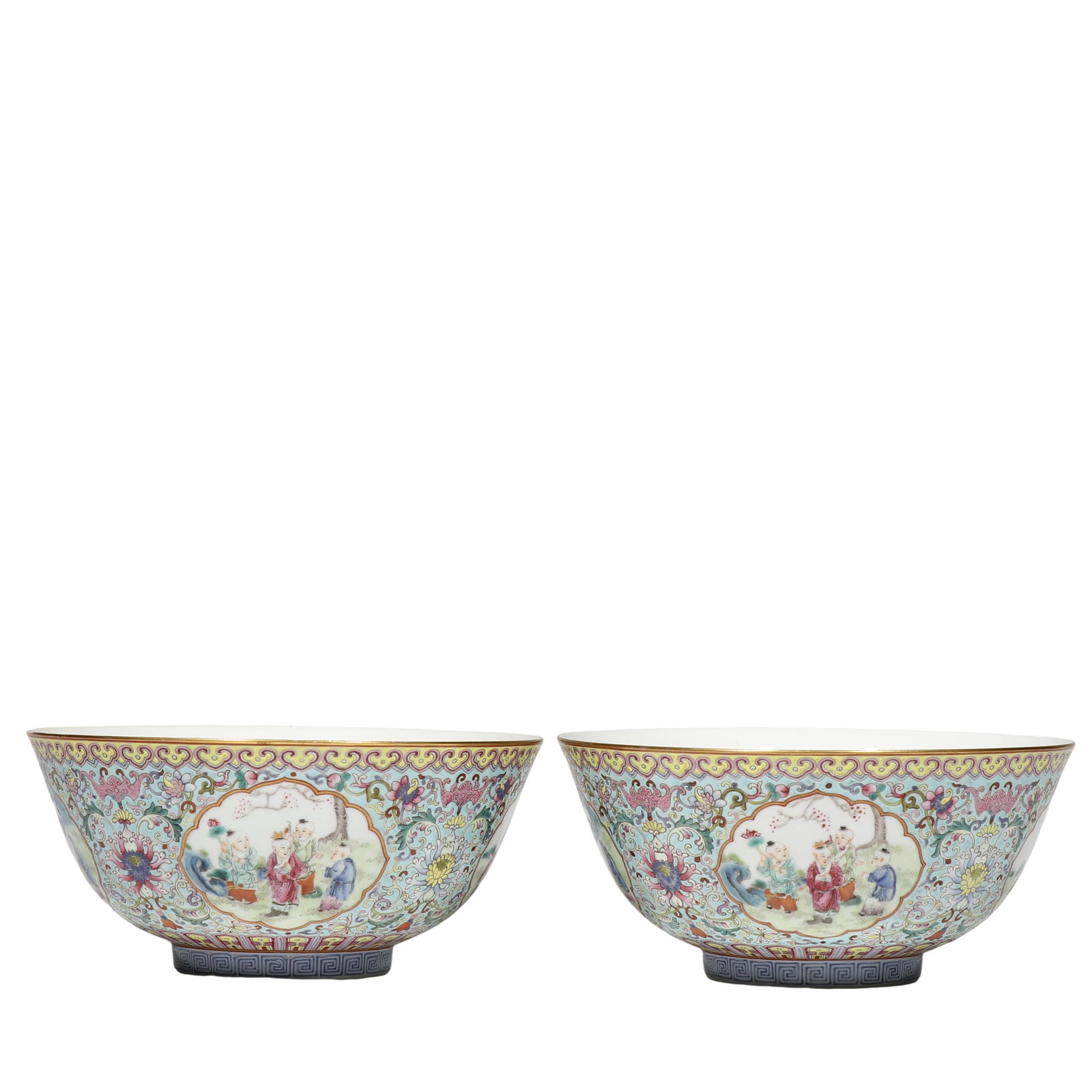 Qing Dynasty Jiaqing Period Pair of Turquoise?Ground Famille?Rose Large Bowls with Scrolling: Dimensions?H.10 cm (3?15/16 in), Diam.21.5 cm (8?7/16 in) Condition & Provenance?Both bowls survive as an original matching pair. Gilding along rim bears minor age?related wear. The glaze of both vess