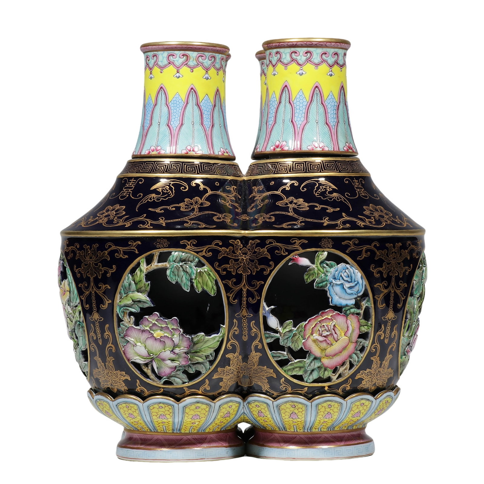 Qing Dynasty Qianlong Period Sacrifice?Blue Gilt?Decorated Famille?Rose Four?Part Conjoined: Dimensions?H.28.5 cm (11?1/4 in), W.22 cm (8?5/8 in) Condition & Provenance?The four?vessel integrated structure is complete and stable. Gilding on each rim shows minor natural age?related wear. Inter
