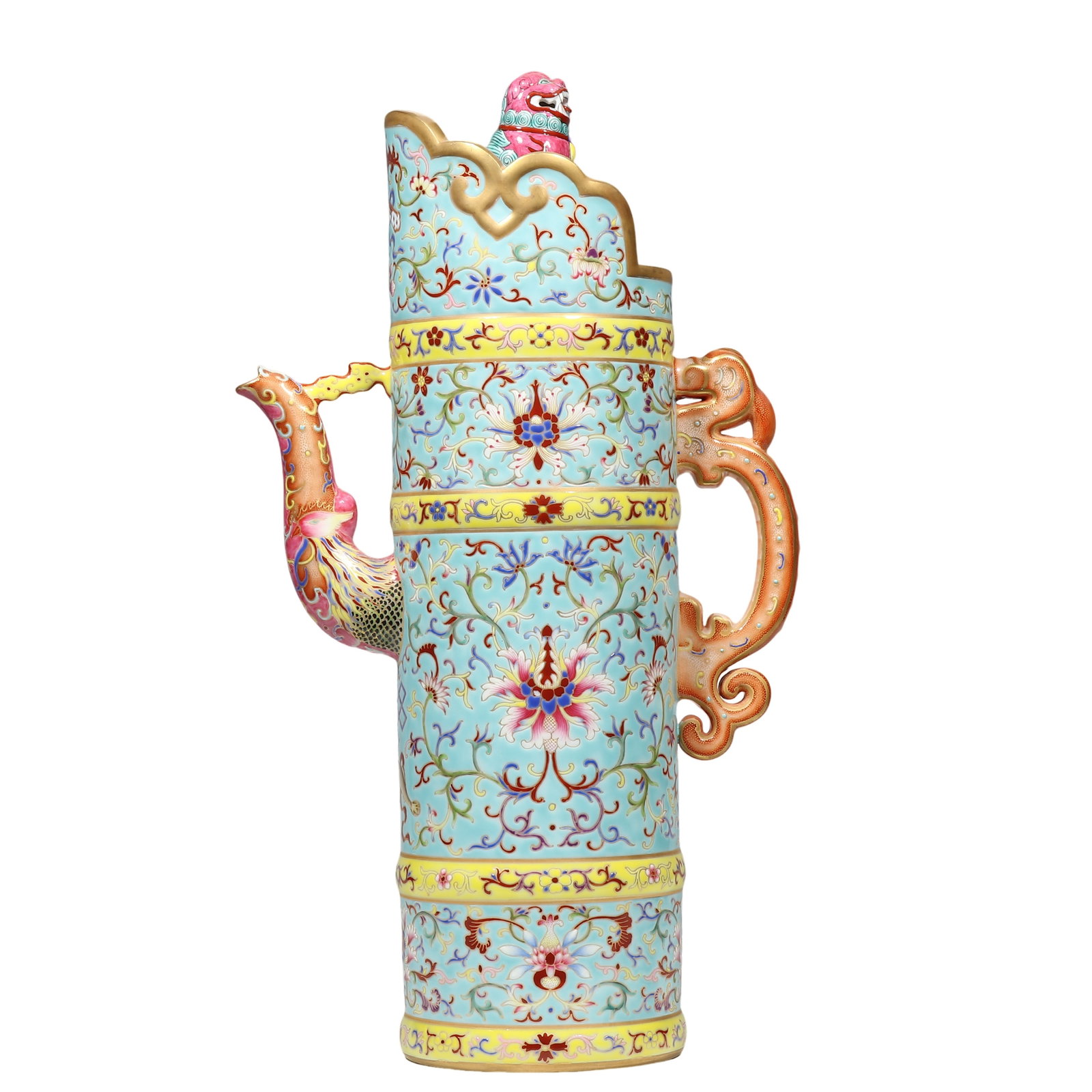 Qing Dynasty Qianlong Period Turquoise?Ground Famille?Rose Duomu Ewer with Lion?Knob Cover (1 of 6)