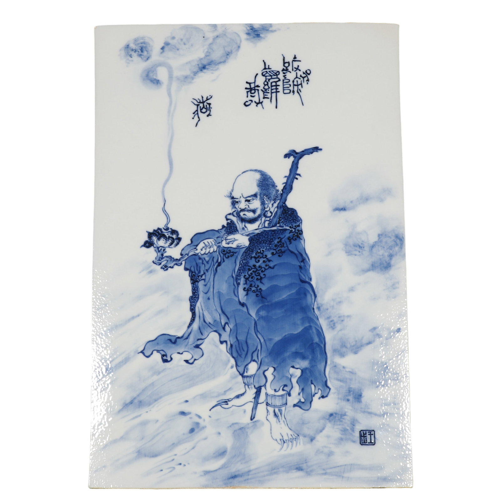 Republic of China Blue?and?White Porcelain Plaque, Bodhidharma Crossing the River: Dimensions?L.34.5 cm?W.22 cm Condition & Provenance?Glaze intact, blue?and?white pigment stable, no enamel loss. Minor age wear on edges. Reverse retains original kiln rib marks and natural patina. No