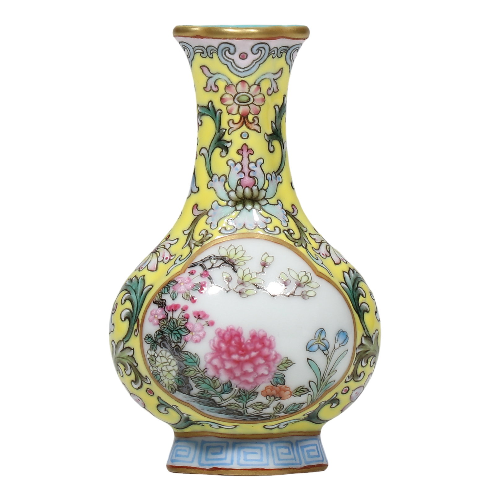 Qing Qianlong Yellow?Ground Falangcai Lobed Vase with scrolling lotus and reserved panels of: Dimensions?H.8.8 cm Condition & Provenance?Well?preserved overall. Minor age wear to gilding on mouth rim and foot edge. Bright intact glaze, enamels without flaking or loss. No cracks, chips or resto