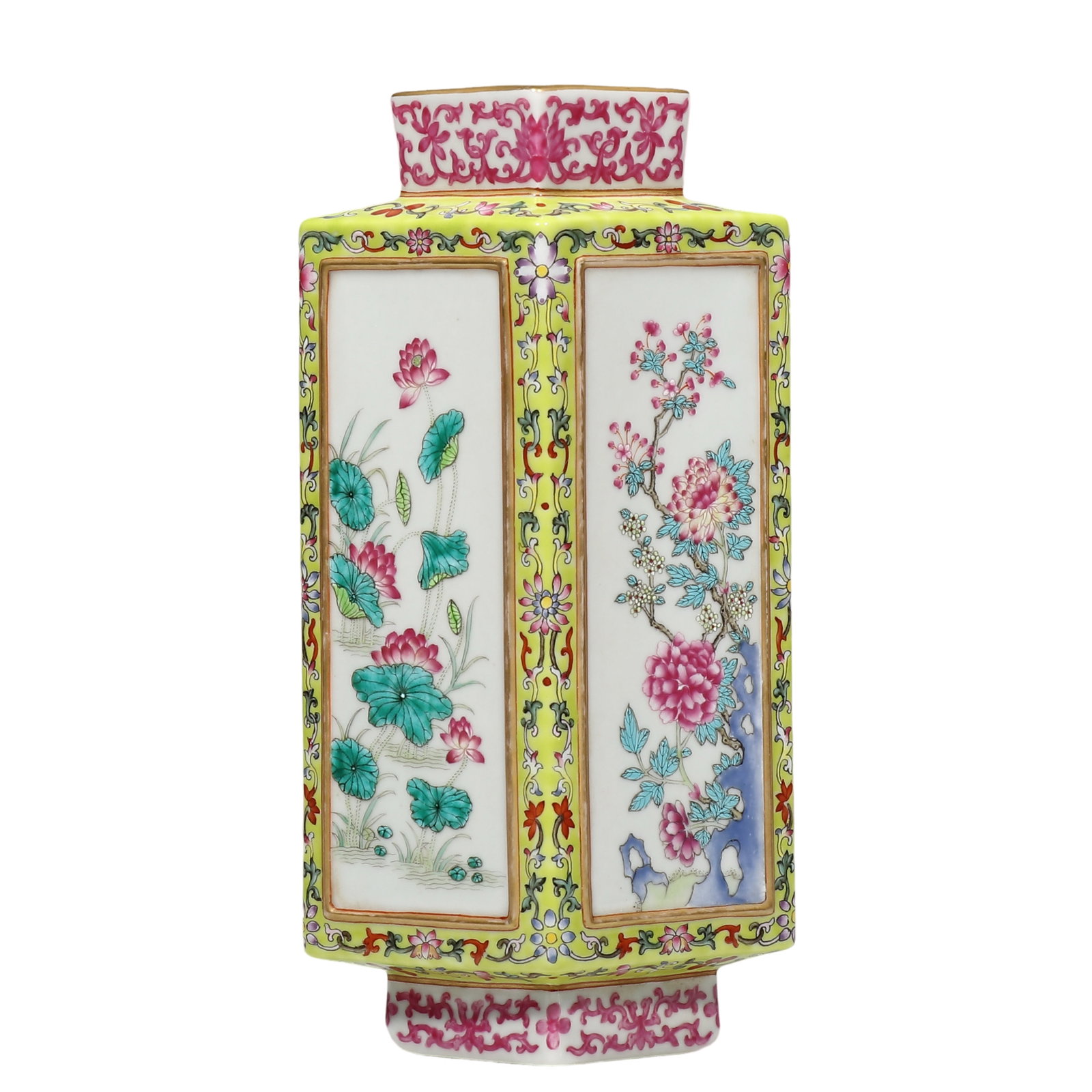 Qing Jiaqing Yellow?Ground Famille?Rose Triangular Cong?Style Vase with scrolling floral and: Dimensions?H.20.5 cm?W.8.5 cm Condition & Provenance?Complete vessel. Natural age wear to gilding on rim and edges. Bright glaze, famille?rose enamels well preserved, no enamel loss. No cracks, chips 