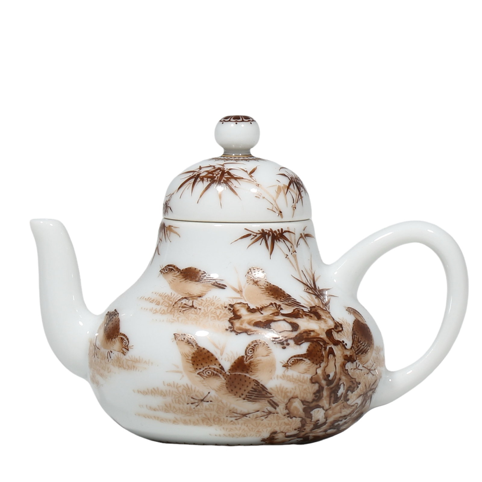 Qing Yongzheng Sepia?Enamel Pear?Shaped Teapot with Bamboo and Sparrow Motif (1 of 6)