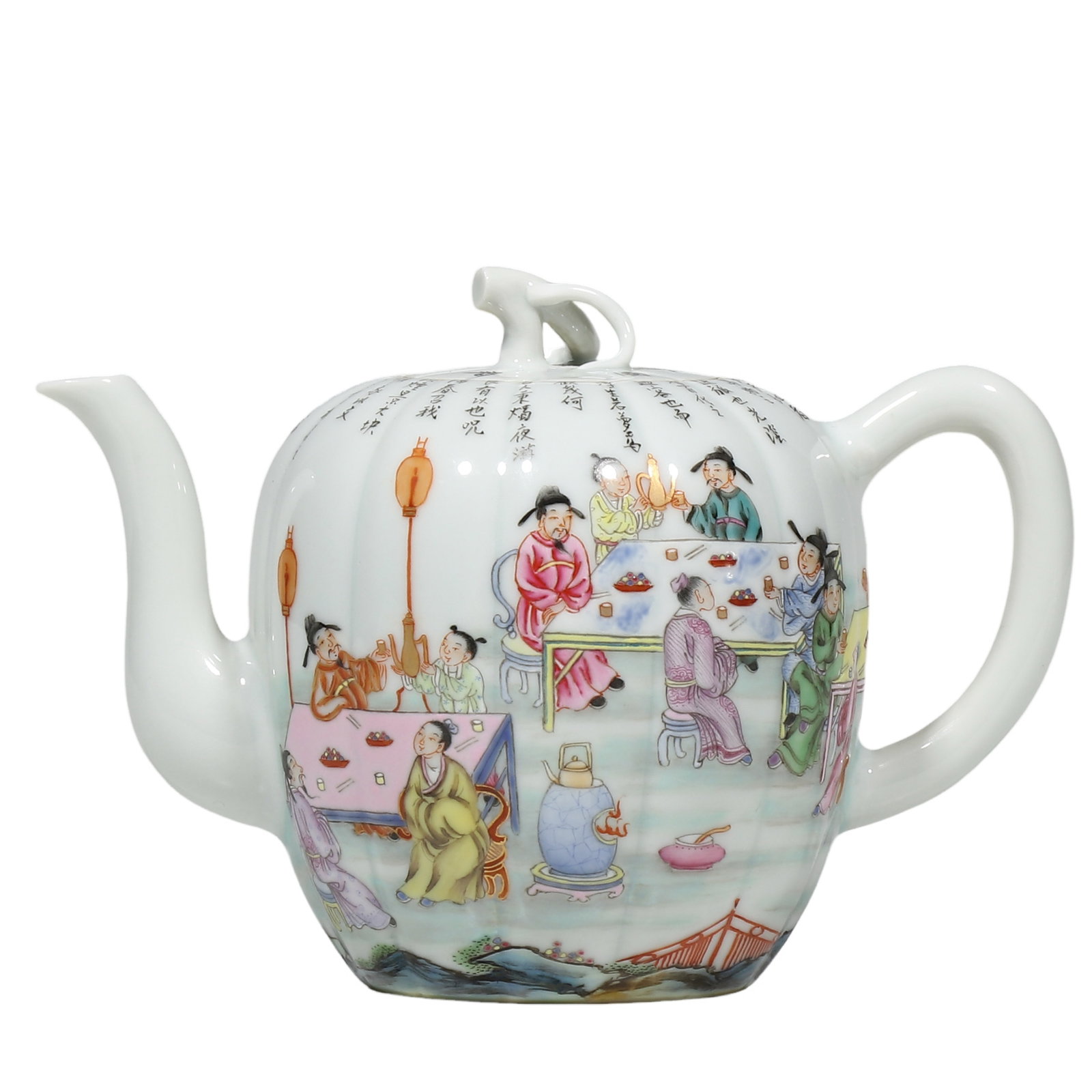 Qing Qianlong Famille?Rose Melon?Shaped Teapot with Night Banquet Scene and Poem Inscriptions (1 of 6)