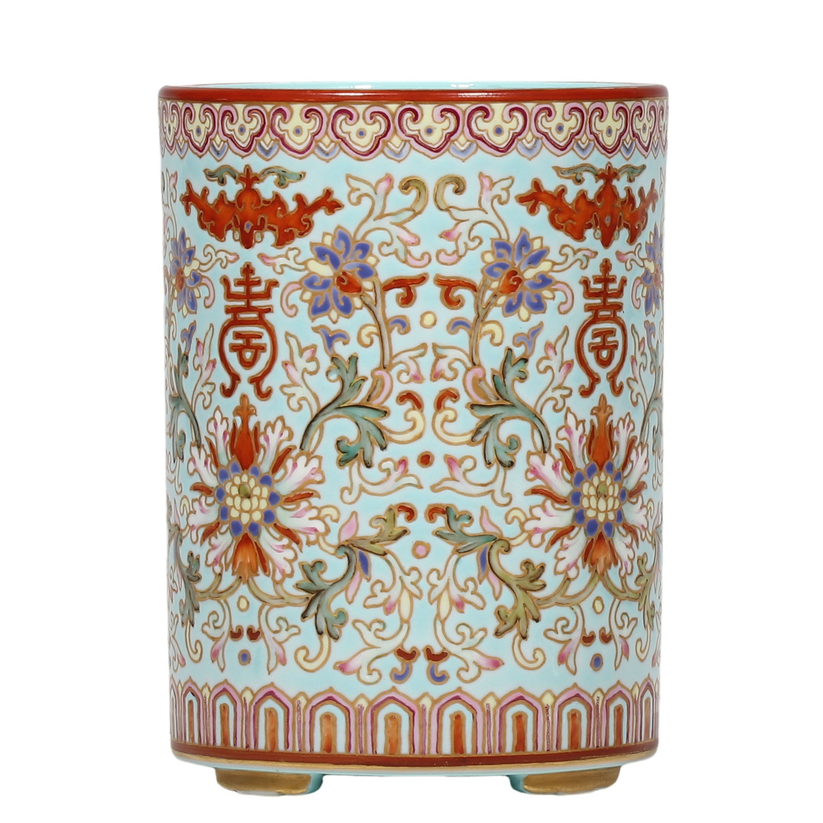Daoguang Period Turquoise?Ground Famille?Rose Gilded Brush Pot with Lotus, Bat and: Dimensions?H.10.8 cm, Diam.7.5 cm Condition & Provenance?Completely intact, no cracks or chips. Well?preserved enamels and gilding, minor age?related wear to gilding on four feet. Interior covered wit