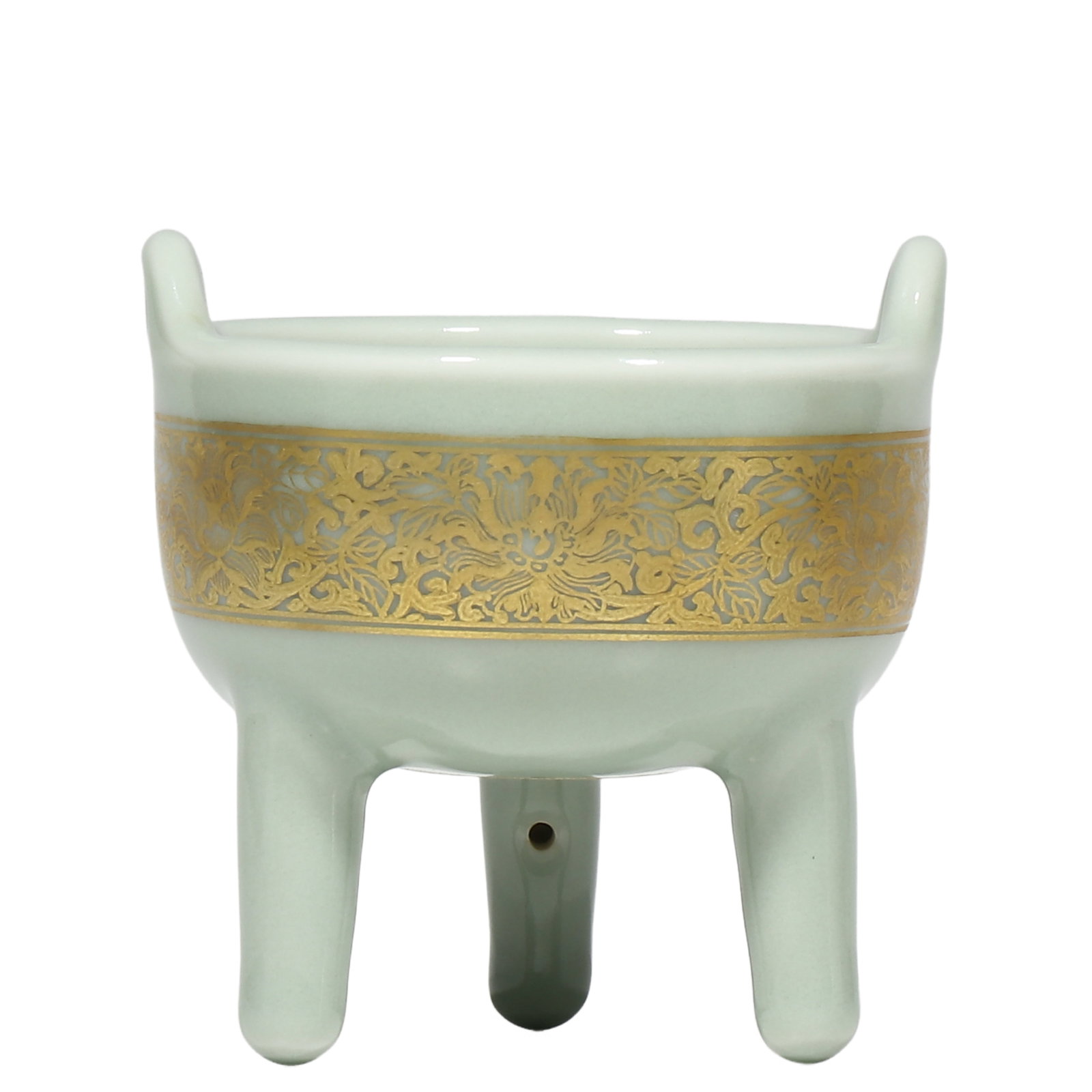 Qianlong Period Dou?Qing Glazed Gilt?Decorated Tripod Censer with Two Upright Ears: Dimensions?H.8 cm, W.7 cm Condition & Provenance?Fully intact, no cracks or chips. Smooth glaze surface, gilt decoration with minor age?related wear. Underglaze?blue seal mark crisp, no chemical clean
