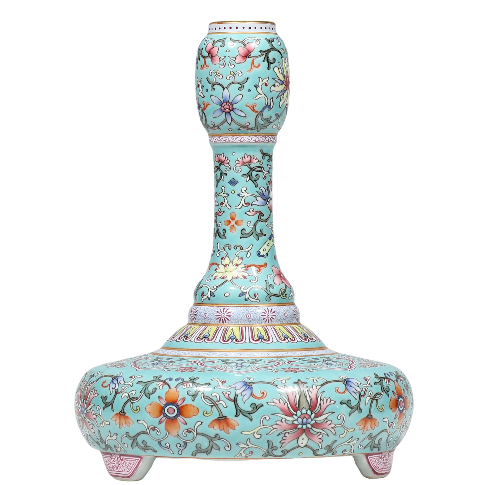 Qianlong Period Turquoise?Ground Famille?Rose Tibetan Ritual Vase(Bumpa Vase) with Three Feet: Dimensions?H.22.5 cm Condition & Provenance?Completely intact, no cracks or chips. Glossy glaze, famille?rose pigments well?preserved with minor age?related surface wear, slight gilding abrasion at mo
