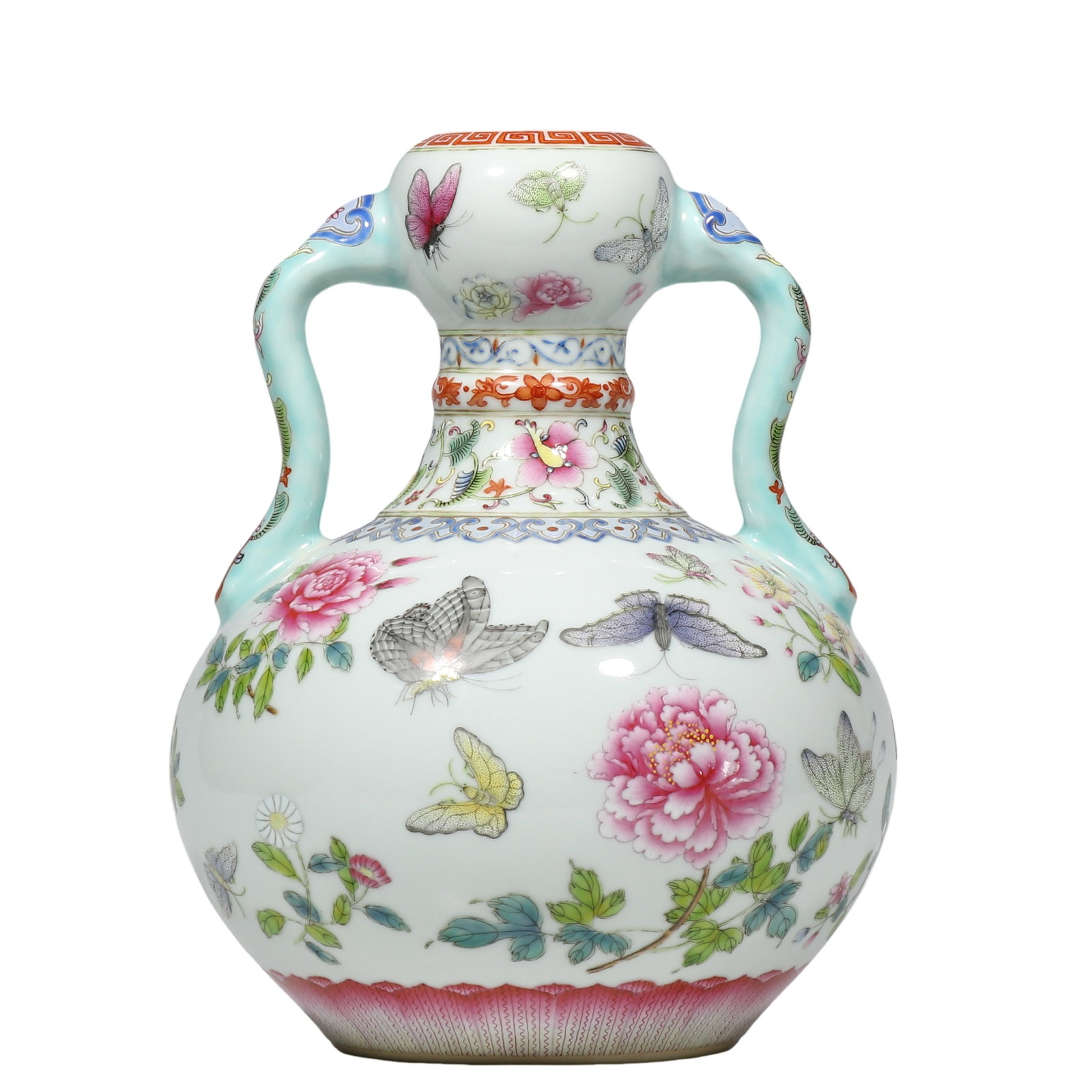 Qianlong Period Famille?Rose Garlic?Mouth Vase with Ruyi?Shaped Handles, Butterfly and Floral: Dimensions?H.23.5 cm Condition & Provenance?Fully intact, no cracks or chips. Lustrous glaze, well?preserved enamel with minor age?related surface wear. Handles decoration intact, crisp under?glaze?bl