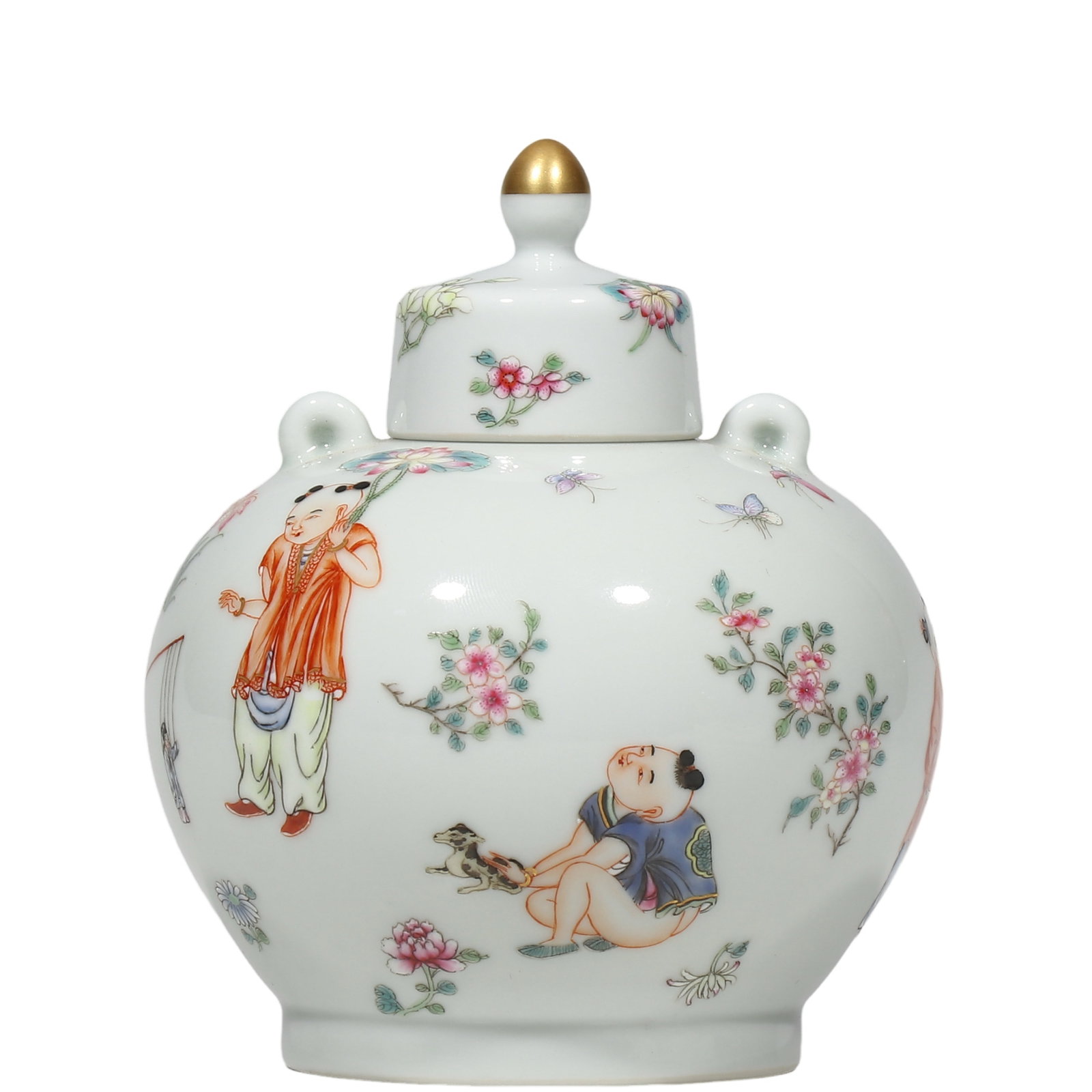 Qianlong Period Famille?Rose Lidded Jar with Twin Loops, Boys at Play and Floral Decoration: Dimensions?H.12 cm Condition & Provenance?Complete with original cover, no cracks or chips. Lustrous glaze, vibrant well?preserved enamels. Minor wear to gilded finial on cover, crisp under?glaze?blue