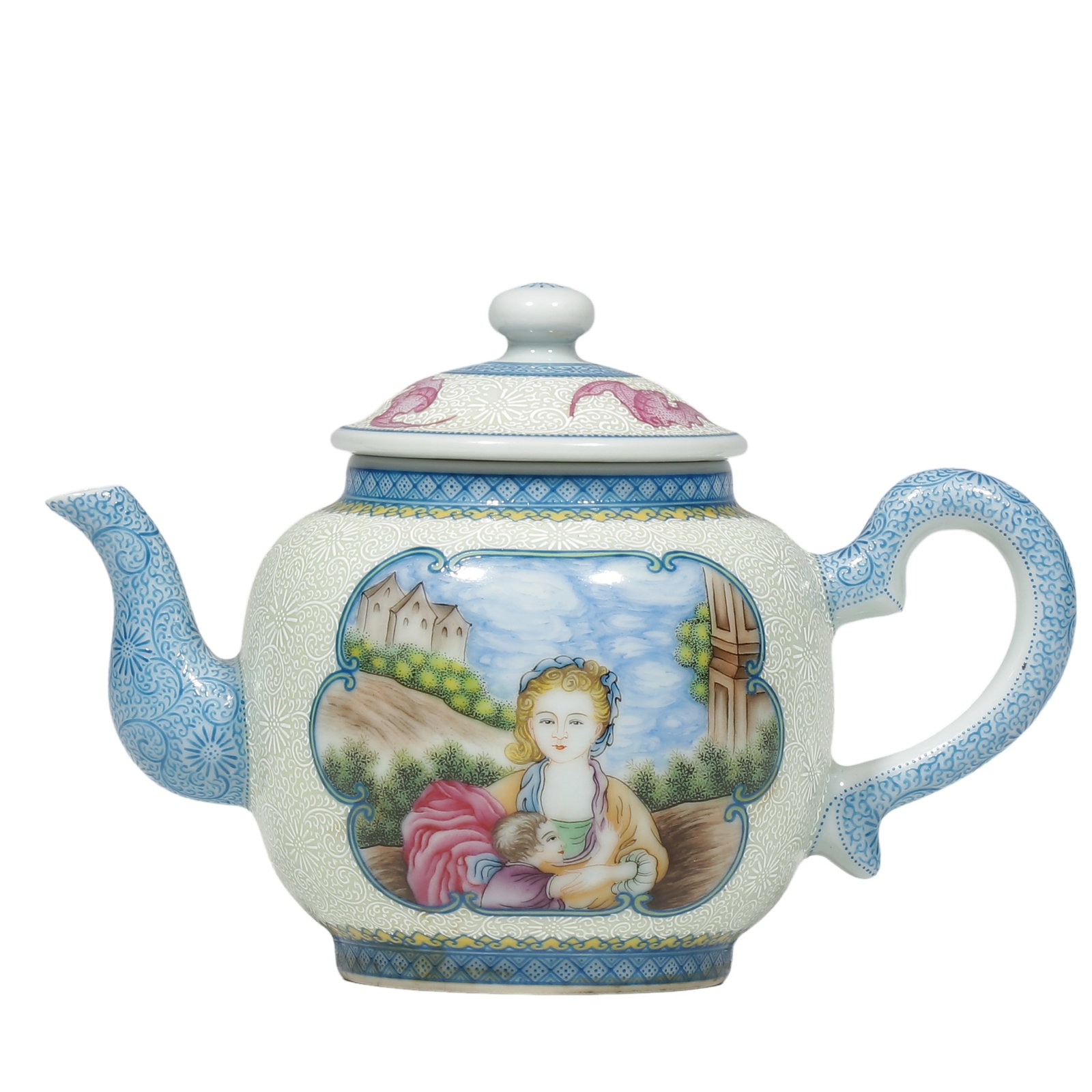 Qianlong Period Falangcai Ewer with European Mother?and?Child Figures on Sgraffito Ground: Dimensions?H.11 cm Condition & Provenance?Complete with original lid, no cracks or chips. Glossy glaze, well?preserved falangcai enamels and intact sgraffito patterns, minor age?related surface wear. 