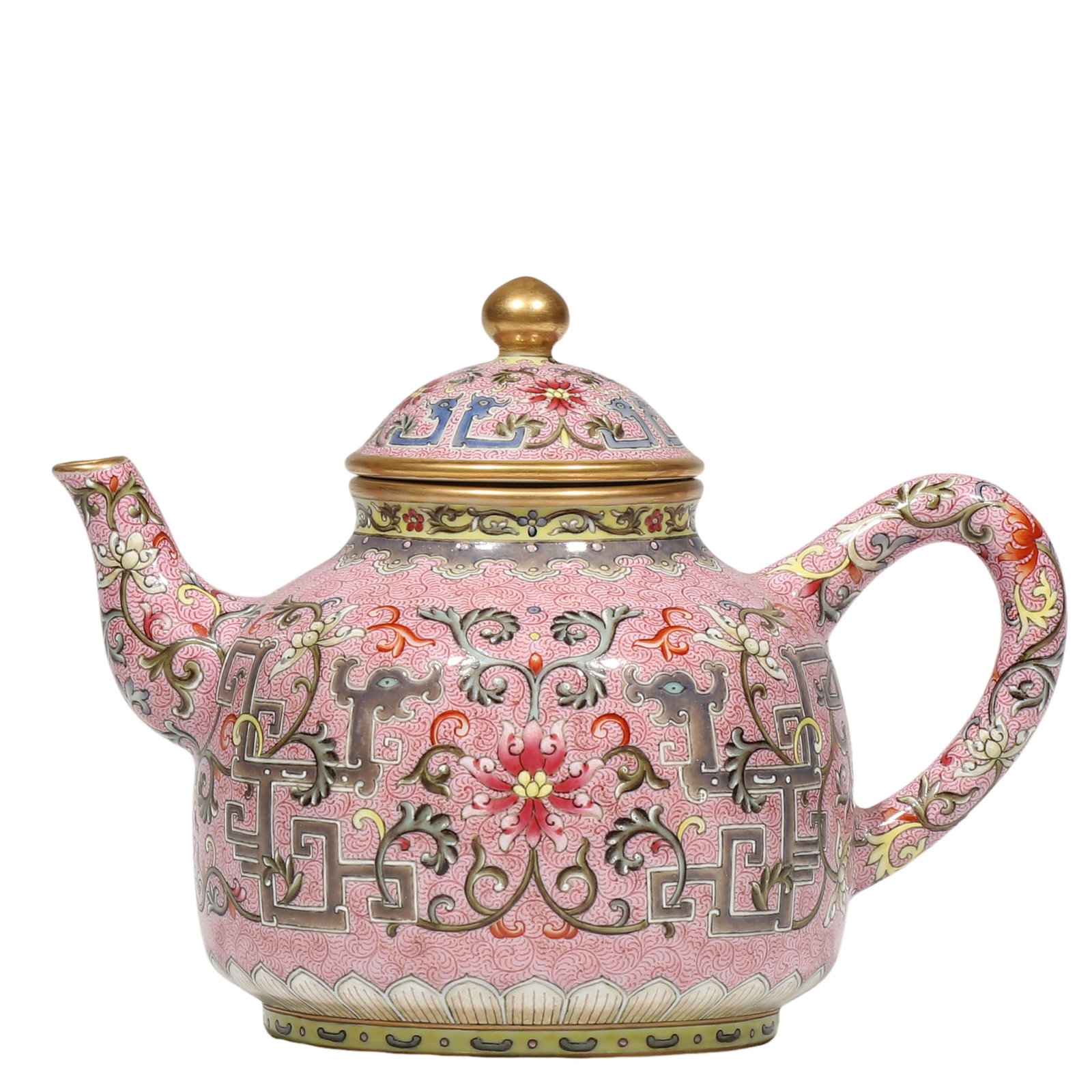 Qianlong Period Pink?Ground Sgraffito Famille?Rose Teapot with Kui?Dragon & Interlocking (1 of 6)