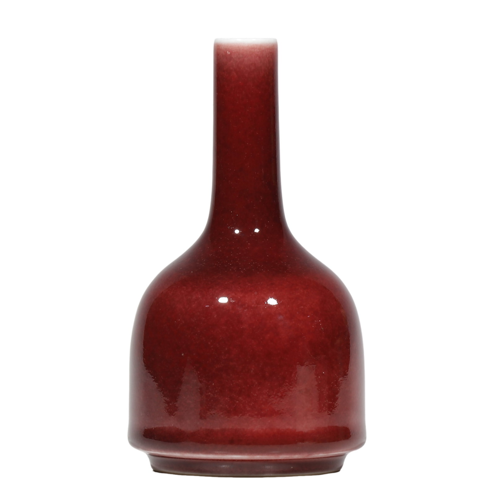 Kangxi Period, Langyao?Red Glazed Bell?Shaped Vase (Yao Ling Zun): Dimensions?H.14.5 cm Condition & Provenance?Complete, no cracks or chips. Glossy intact glaze, characteristic white rim edge, natural age?related wear at foot?glaze junction, no chemical cleaning. For