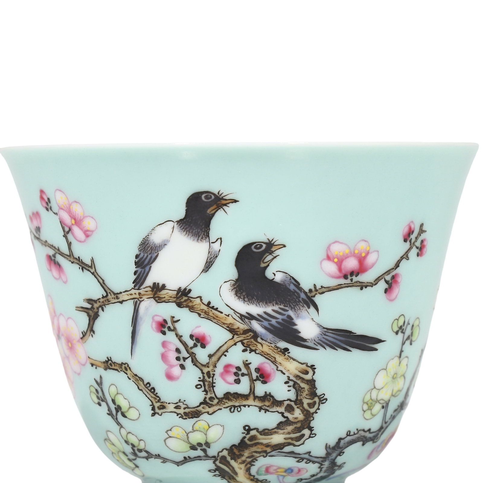 Yongzheng Period, Turquoise?Ground Famille?Rose Cup with Magpie?and?Plum?Blossom Motif: Dimensions?H.5 cm, Diam.6.5 cm Condition & Provenance?Perfect condition, no cracks or chips. Smooth glaze, well?preserved famille?rose enamels, only minor age?related wear at rim and foot, no chemical