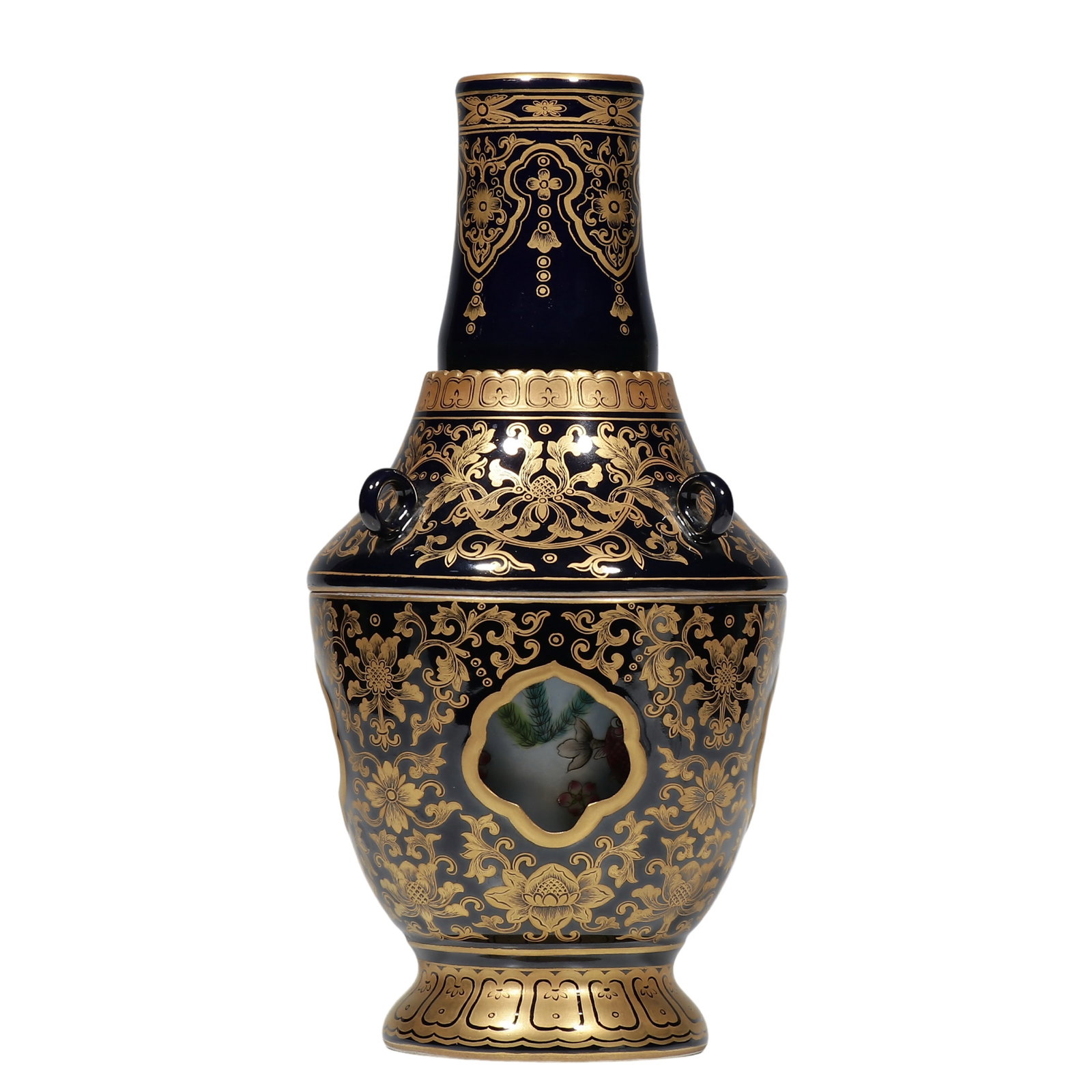 Qianlong Period, Black?Gold Glaze Gilt?Painted Revolving Vase With Famille?Rose: Dimensions?H.27.8 cm (10.94 in) Condition & Provenance?Entire vessel intact, no cracks or chips. Jet?black glossy black?gold glaze, well?preserved gilding, bright famille?rose enamels on inner core, r
