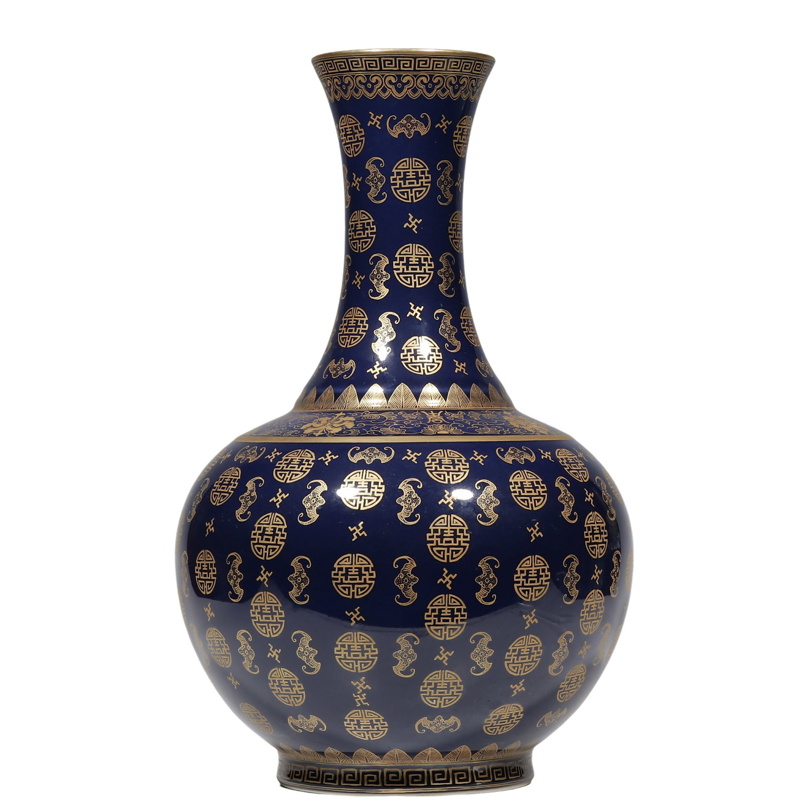 Guangxu Period, Sacrificial?Blue Glazed Vase With Gilt?Decorated Longevity and Bat Motifs: Dimensions?H.39.5 cm (15.55 in) Condition & Provenance?Fully intact, no cracks or chips. Deep even sacrificial?blue glaze, well?preserved gilding, natural aged patina on rim and foot?ring, no chemical