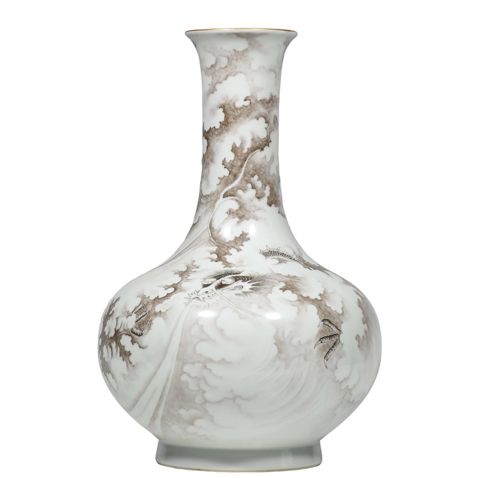 Qianlong Period, Ink?Glazed Long?Necked Vase with Dragon Among Clouds Decoration: Dimensions?H.33 cm Condition & Provenance?Fully intact, no cracks or chips. Well?preserved gradated ink painting, intact gilding at mouth rim, turquoise glaze covering interior and base, natural age?r