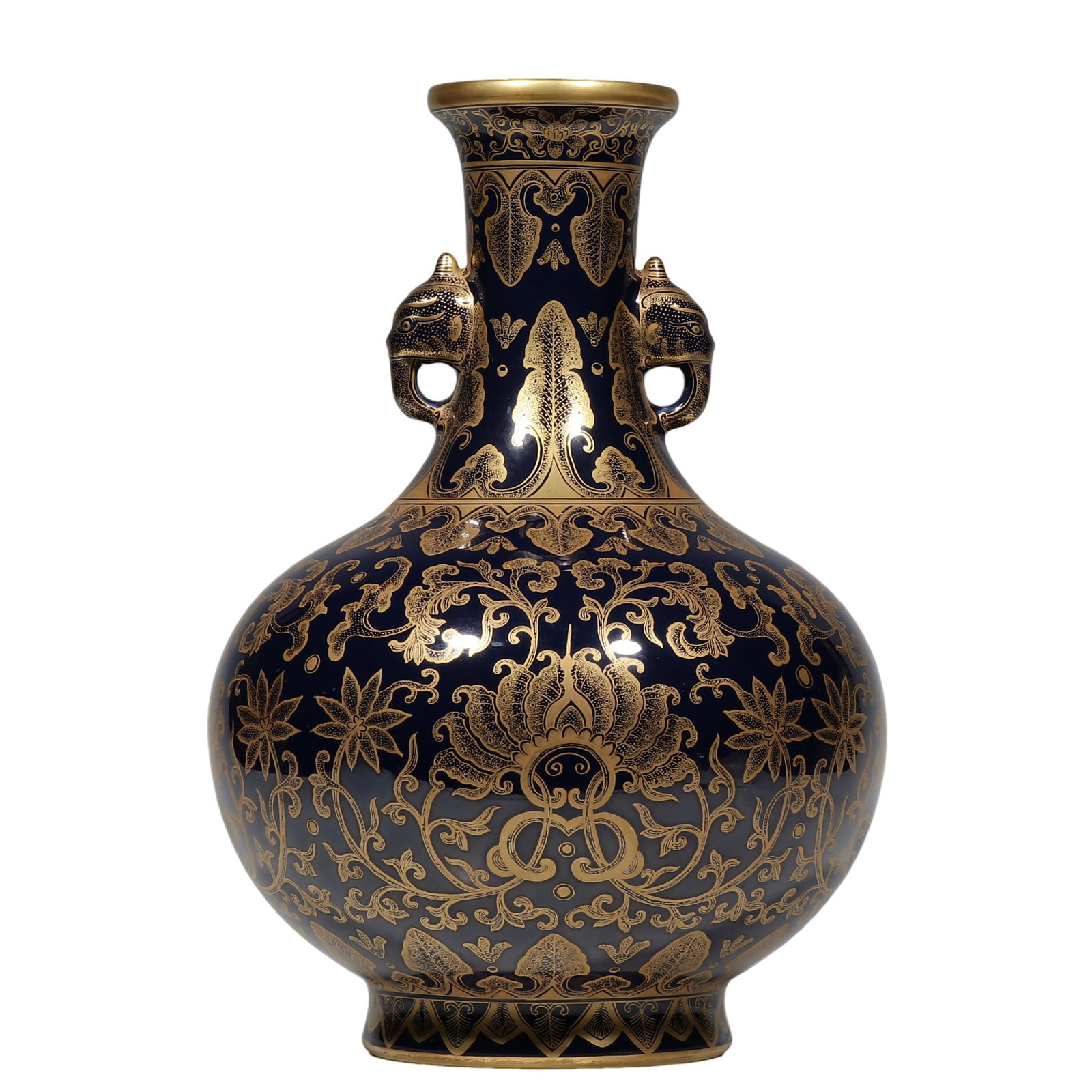 Qianlong Period, Sacrificial?Blue?Glazed Gilt?Painted Vase with Elephant?Head Handles and: Dimensions?H.31?cm (1?ft?0.21?in) Condition & Provenance?Fully intact, no cracks or chips. Lustrous sacrificial?blue glaze, well?preserved gilded decoration, complete gilding on mouth rim and foot edg