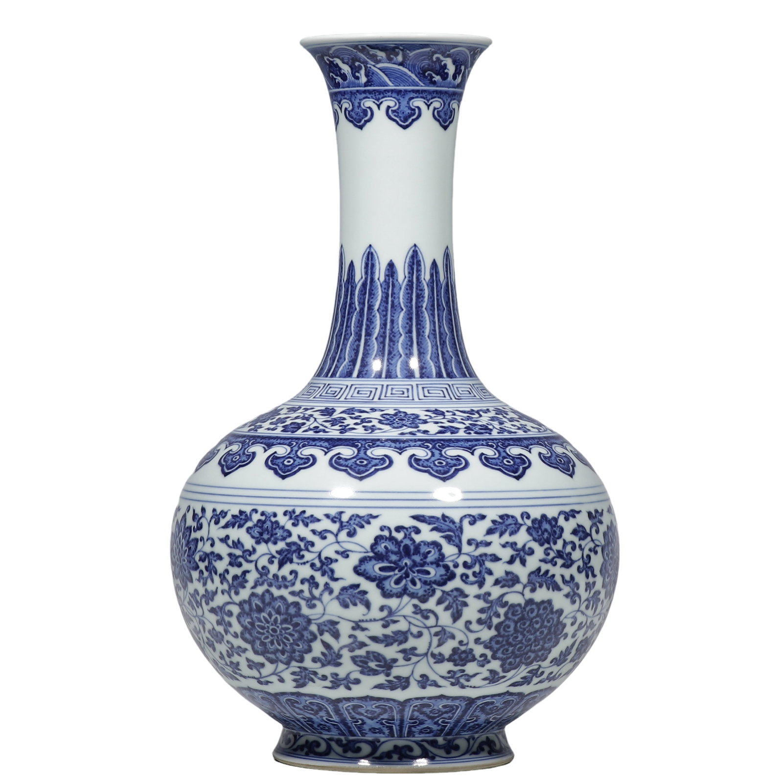 Qianlong Period, Blue?And?White Vase With Scrolling?Lotus Decoration (Shang?Ping): Dimensions?H.37?cm (1?ft?2.60?in) Condition & Provenance?Completely intact, no cracks or chips. Rich and stable blue?and?white tone, lustrous glaze, natural wear to foot?ring, original aged patina, no