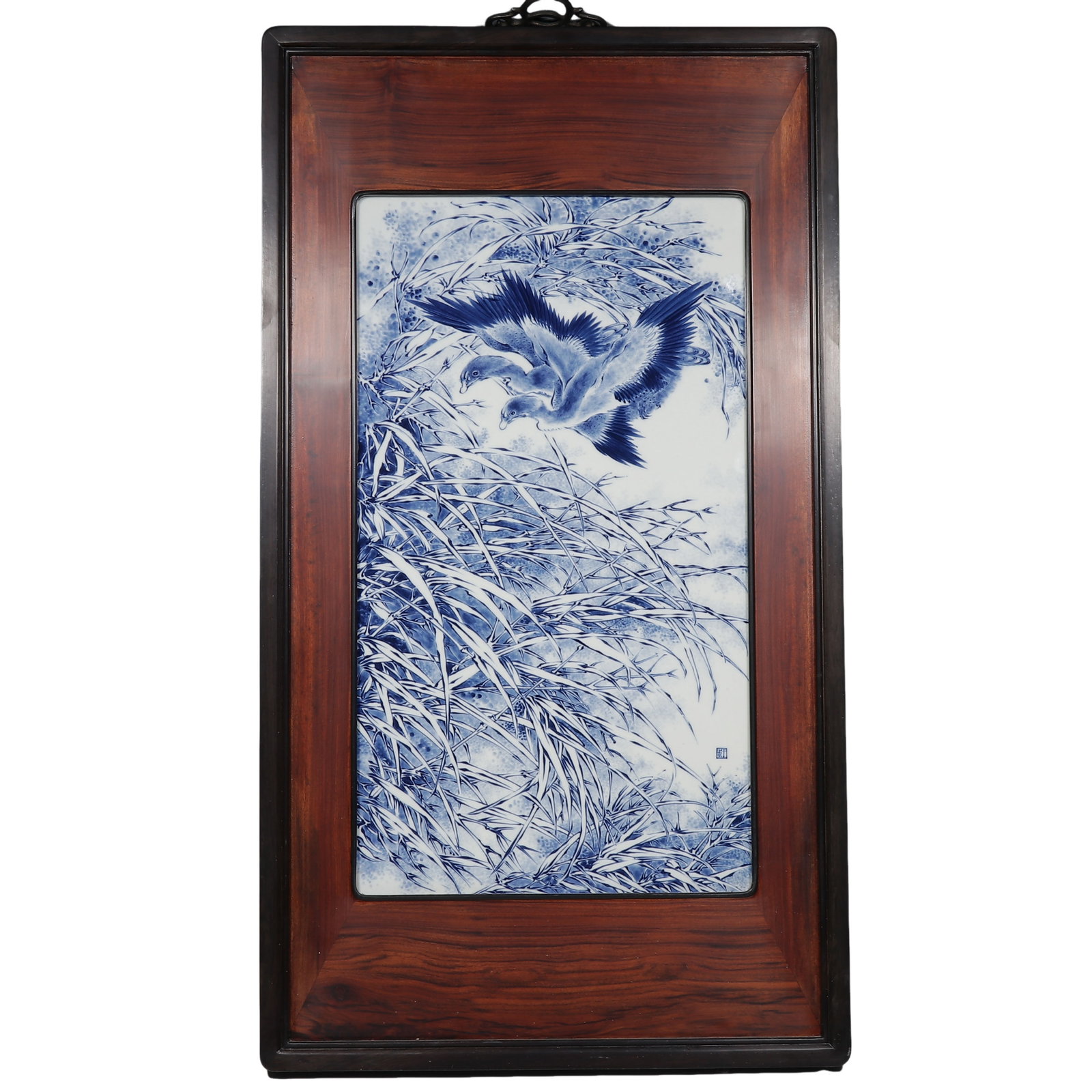 Republic of China, A Blue and White Porcelain Plaque of Wild Geese among Reeds, Attributed to Wang: Dimensions?H.81cm, W.45cm Condition & Provenance?Porcelain plaque intact, no cracks or chips, well?preserved blue?and?white painting. Original mixed?wood frame with hanging fixture, frame bears natura