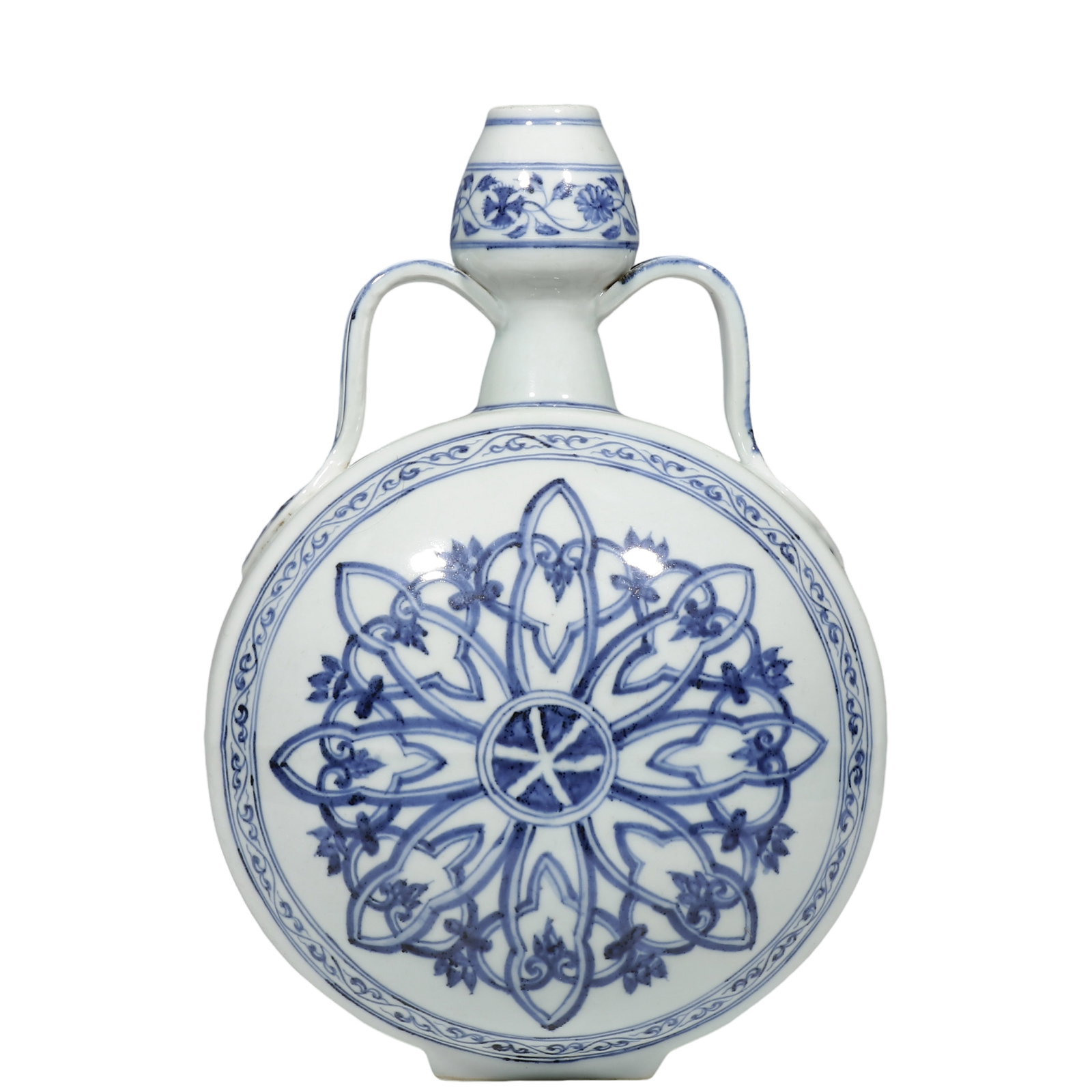 Ming Xuande Period, Blue and White Moon?Shaped Flask with Ribbon?Shaped Ears and Floral Wheel: Dimensions?H.31cm Condition & Provenance?Fully intact, no cracks or chips. Glossy glaze, natural age?related wear at mouth and foot ring. Formerly private collection of Arthur Collins, Dallas, Texas, 