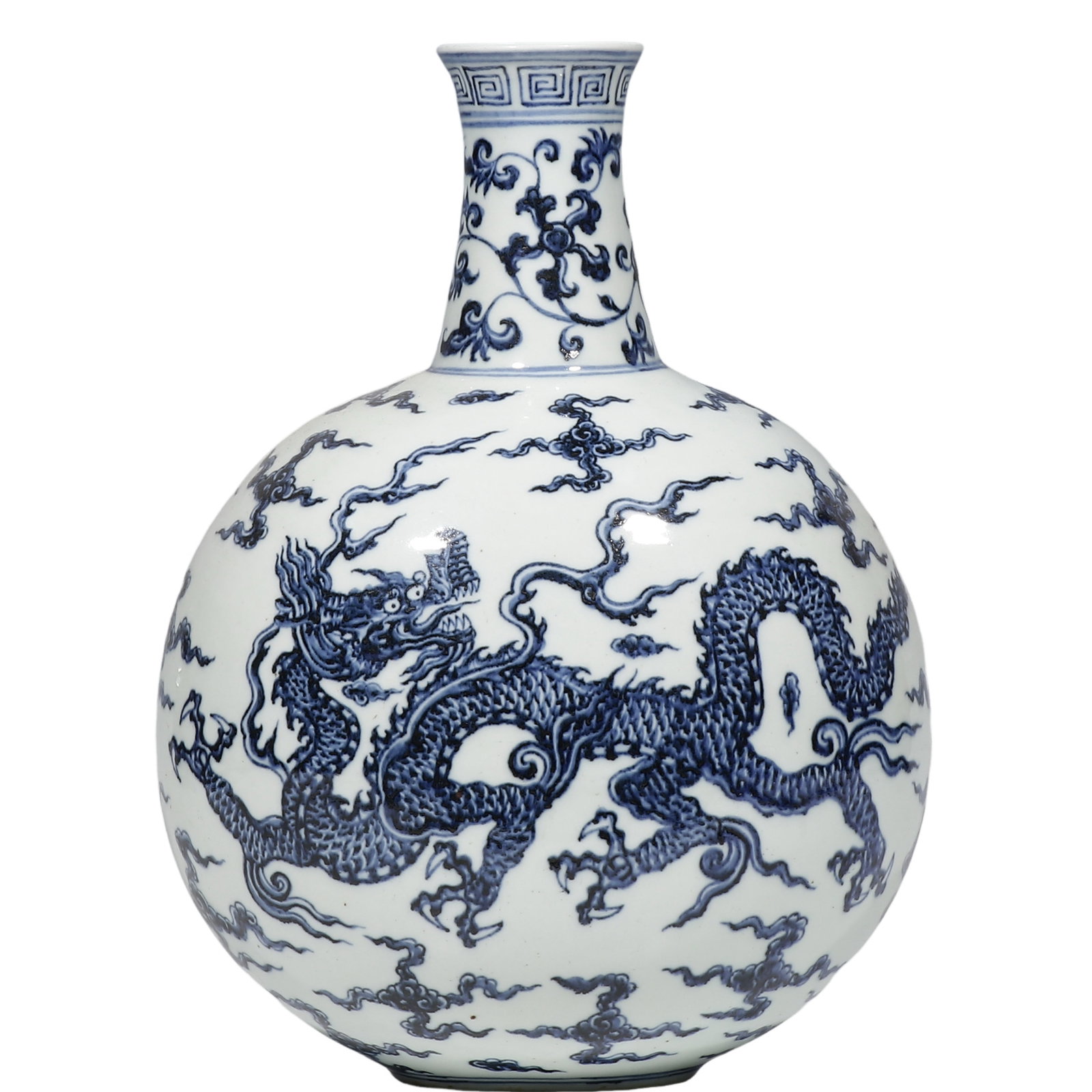 Ming Xuande Period, Blue and White Flat Moon?Shaped Vase with Dragon and Cloud Motifs: Dimensions?H.33cm Condition & Provenance?Completely intact, no cracks or chips. Glossy thick glaze, natural wear and soil patina on oval foot ring. Formerly private collection of James Hopkins, New Yo