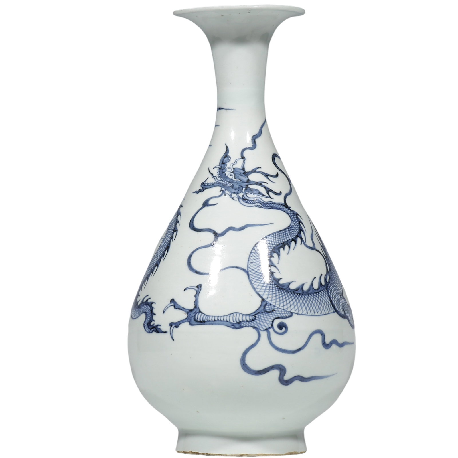 Yuan Dynasty, Blue and White Yuhuchun Vase with Dragon and Cloud Decoration: Dimensions?H.28cm Condition & Provenance?Fully intact, no cracks or chips. Mellow glaze, natural wear and aged patina on unglazed foot ring. Formerly private collection of Robert Wilson, San Francisco