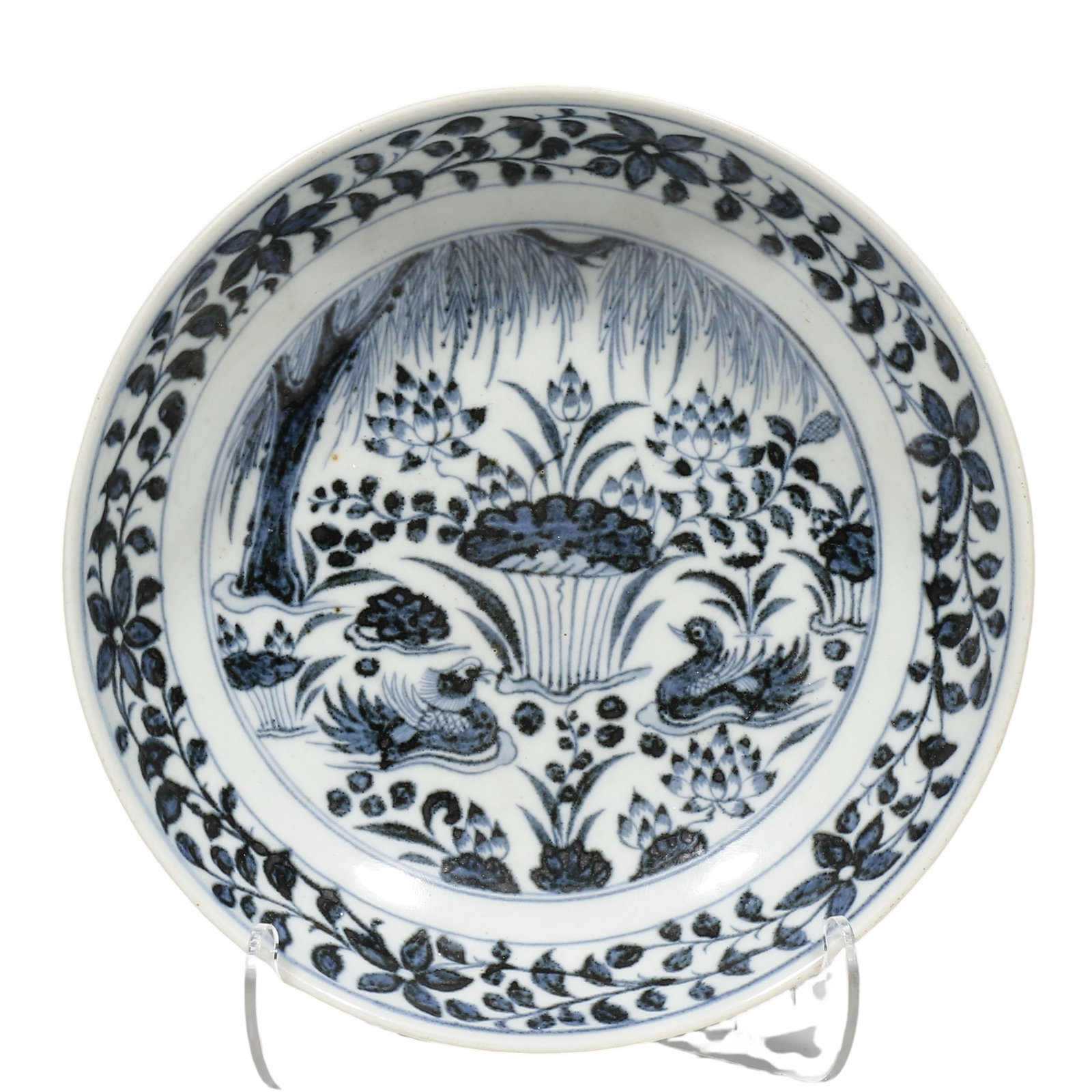 Yuan Dynasty, Blue and White Plate with Mandarin?Duck?Lotus?Pond Motif: Dimensions?D.19cm (0.623ft) Condition & Provenance?Fully intact, lustrous glaze, deep saturated cobalt?blue tone. Natural earth patina and age?related wear on unglazed base foot, no cracks or restorat