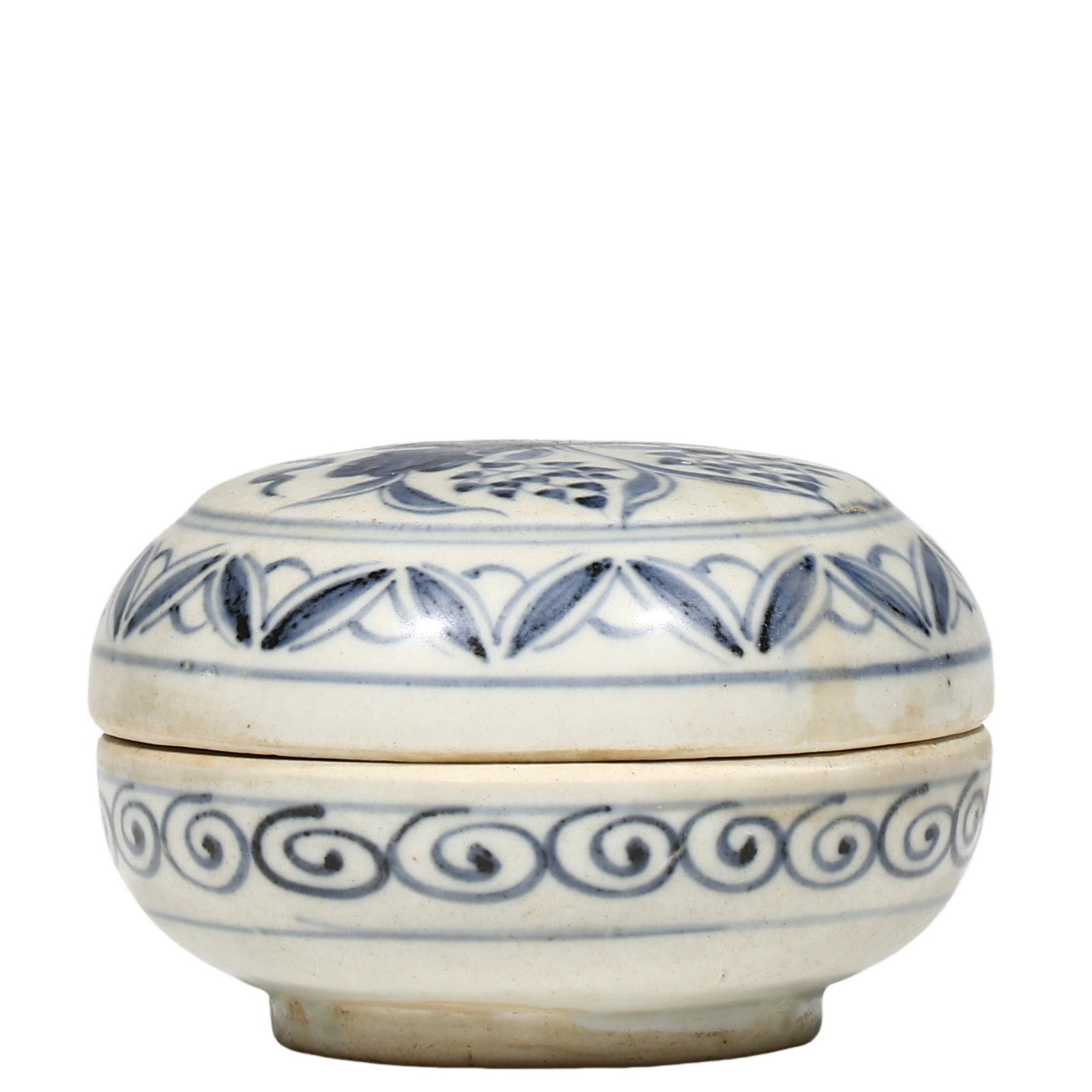 Yuan Dynasty, Blue?and?White Covered Box with Bound?Lotus Motif: Dimensions?H.6cm?W.9cm?H.0.197ft?W.0.295ft? Condition & Provenance?Fully intact, cover fits well with base. Glaze bears natural aged patina, cobalt pigment shows minor wear and inherent smudging. Ungl
