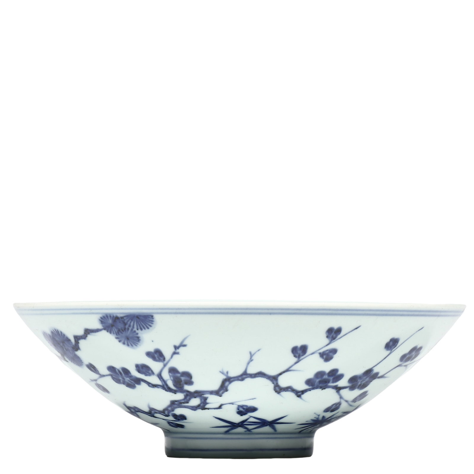 Yongle Period, Ming Dynasty, Blue and White Conical Bowl with Three Friends of Winter Motif: Dimensions?D.22.5cm?0.738ft? Condition & Provenance?The bowl is well?preserved overall. Faint wear observable along rim. Unglazed foot rim bears subtle natural firing reddish patina, minor specks scat