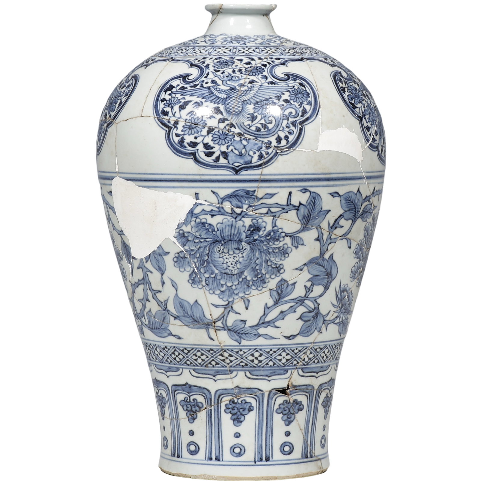 Yuan Dynasty Blue?and?White Meiping Vase with Phoenix?Panel and Peony Scrolls: Dimensions: H. 37?cm (14?1/2 in), 14th?Century Condition & Provenance: Condition: The vase is reassembled from broken fragments. Multiple cracks run across mouth?rim, body and foot?ring. Some areas of