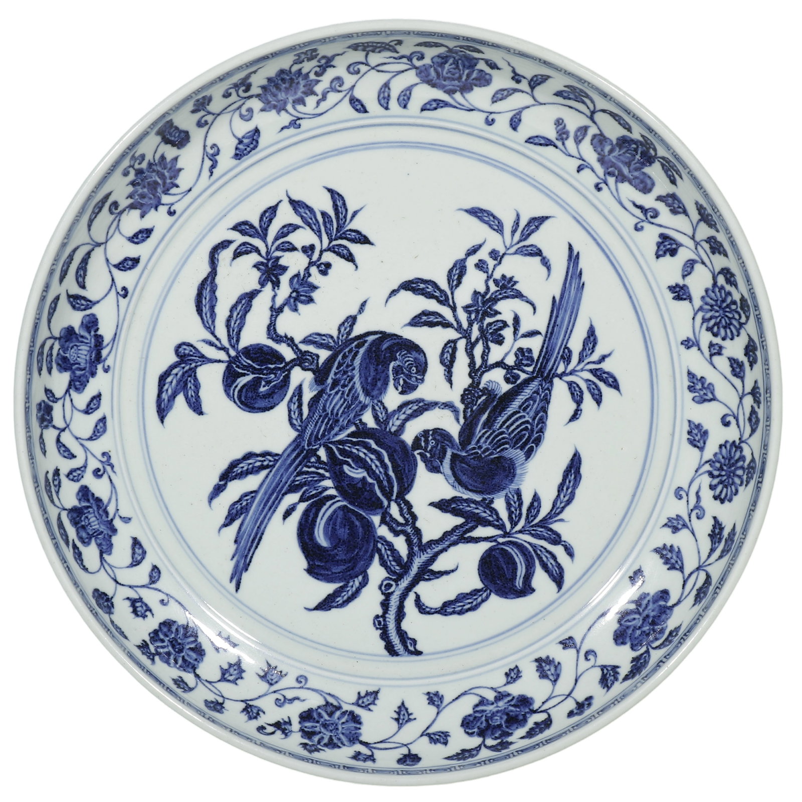 Yong?le Blue?and?White Large Dish with Parrots and Peaches: Dimensions: Dia. 37.5?cm (14?3/4 in), Early?15th?Century, Ming Yong?le reign Condition & Provenance: Condition: Fully intact, no cracks or restoration. Folded?rim wide opening, shallow curved body, un