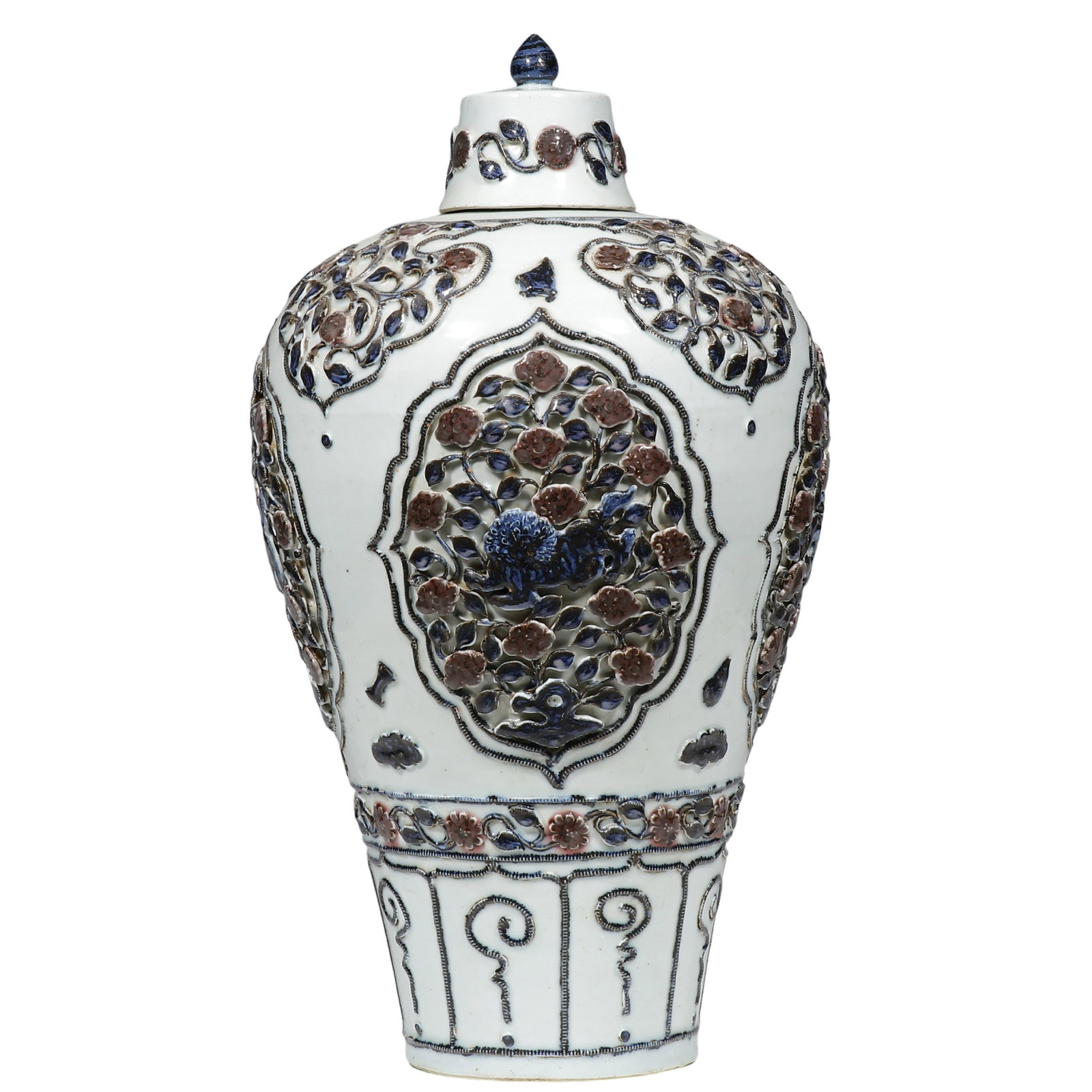 Yuan Blue?and?White with Underglaze?Red Pierced?Relief Meiping with Qilin and Florals, with: Dimensions: H. 47?cm (18?1/2 in), 14th?Century Yuan dynasty Condition & Provenance: Condition: Fully intact, retaining original domed cover with finial. Small mouth, broad shoulders, tapering body, fl