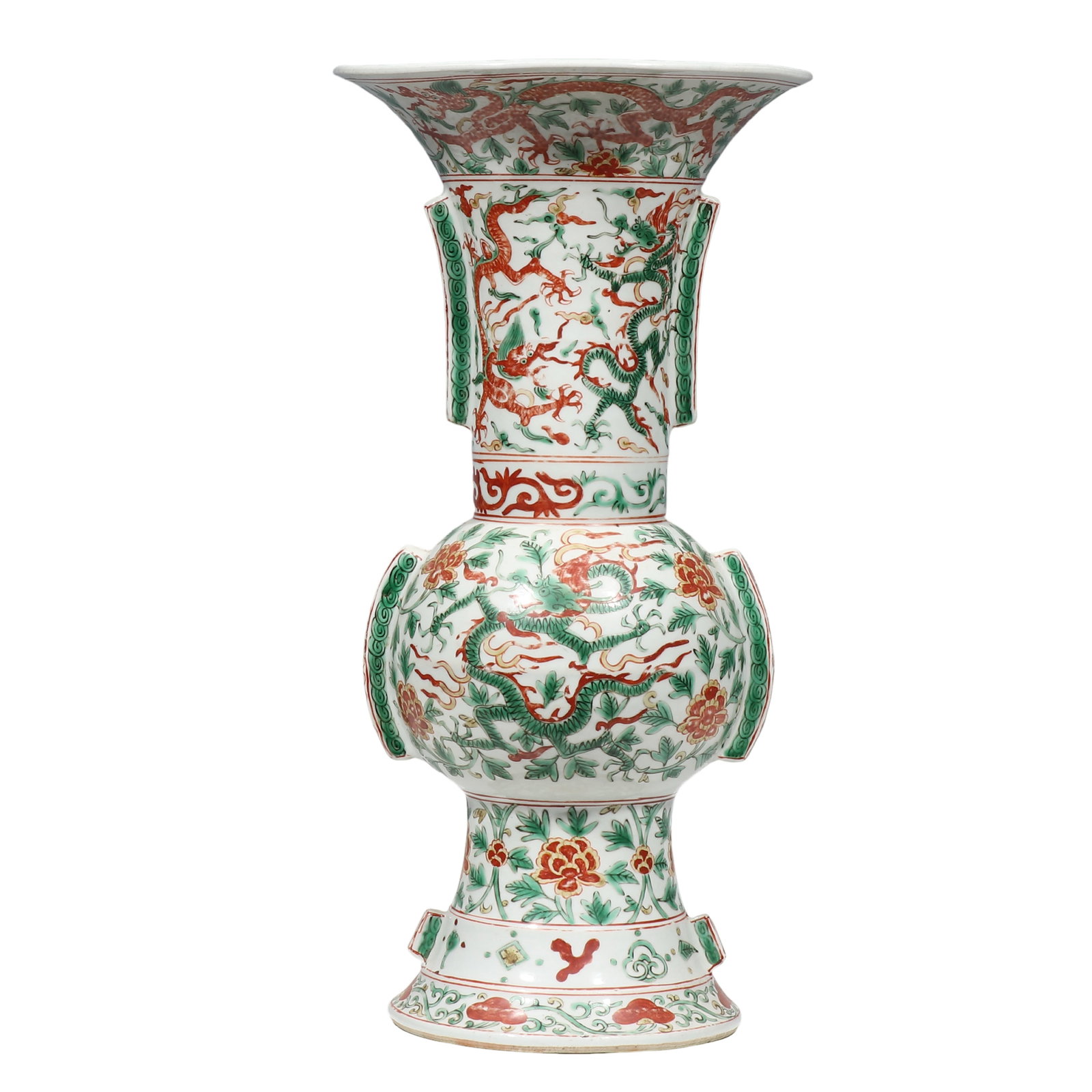 Wanli Period, Ming Dynasty, 16th Century, Wucai Beaker?Shaped Gu Vase with Dragon?among?Peony: Dimensions?Height 43.6?cm (17.17?in) Condition & Provenance?Fully intact. Rich saturated wucai enamels with natural inherited patina. Old private collection, Cleveland, Ohio, USA. Acquired from Europe