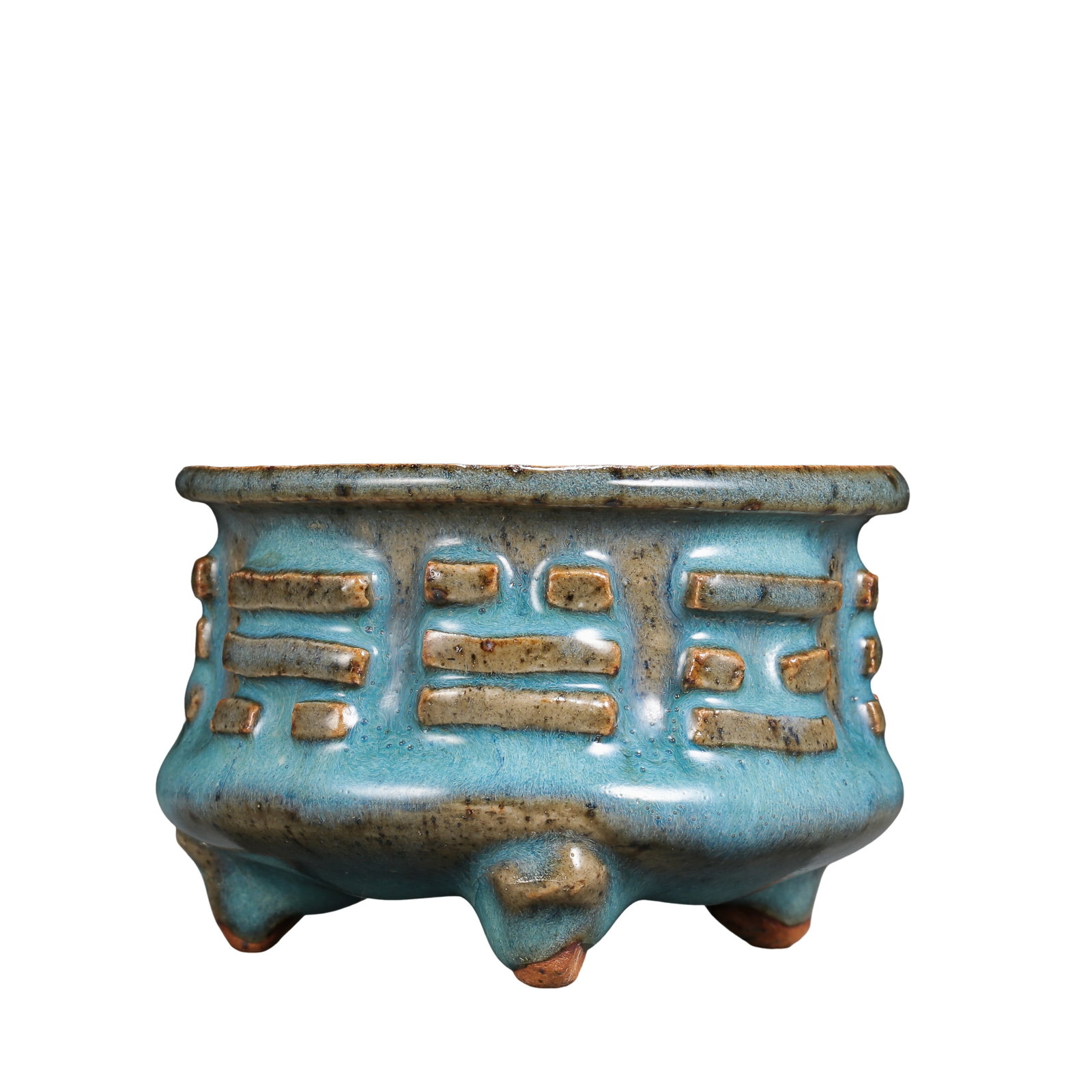 Yuan Dynasty Jun?Sky?Blue?Glazed Tripod Censer with Raised Eight?Trigram Decoration,14th: Dimensions:Mouth Diameter 9cm(3.54in),Overall Height 6.2cm(2.44in),14th Century CECondition & Provenance:The censer is fully intact without cracks,chips or modern restoration.The original Jun glaze re