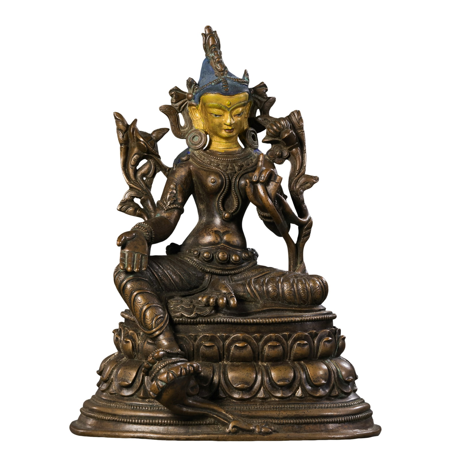 18th Century,Tibetan Partial Gilt?Bronze Seated Green Tara with Original Pigment: Dimension?H 19.5cm(7.68in),W 14.5cm(5.71in),Weight 1.56kg,18th Century Condition & Provenance?The sculpture is fully intact with no cracks or missing parts.Original gilding survives on the face.Traces
