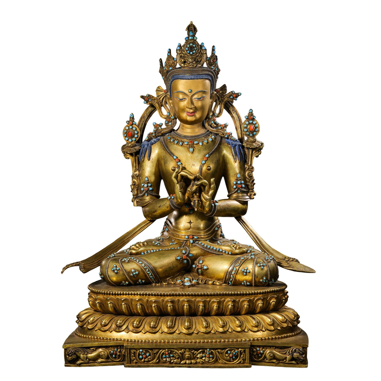 18th Century,Tibetan Large Gilt?Bronze Seated Vajradhara Inlaid With Turquoise And Coral: Dimension?H 55cm(21.65in),W 39cm(15.35in),Weight 19.4kg Condition & Provenance?This monumental statue is fully intact without cracks or major losses.Original gilding covers the whole surface,with natu