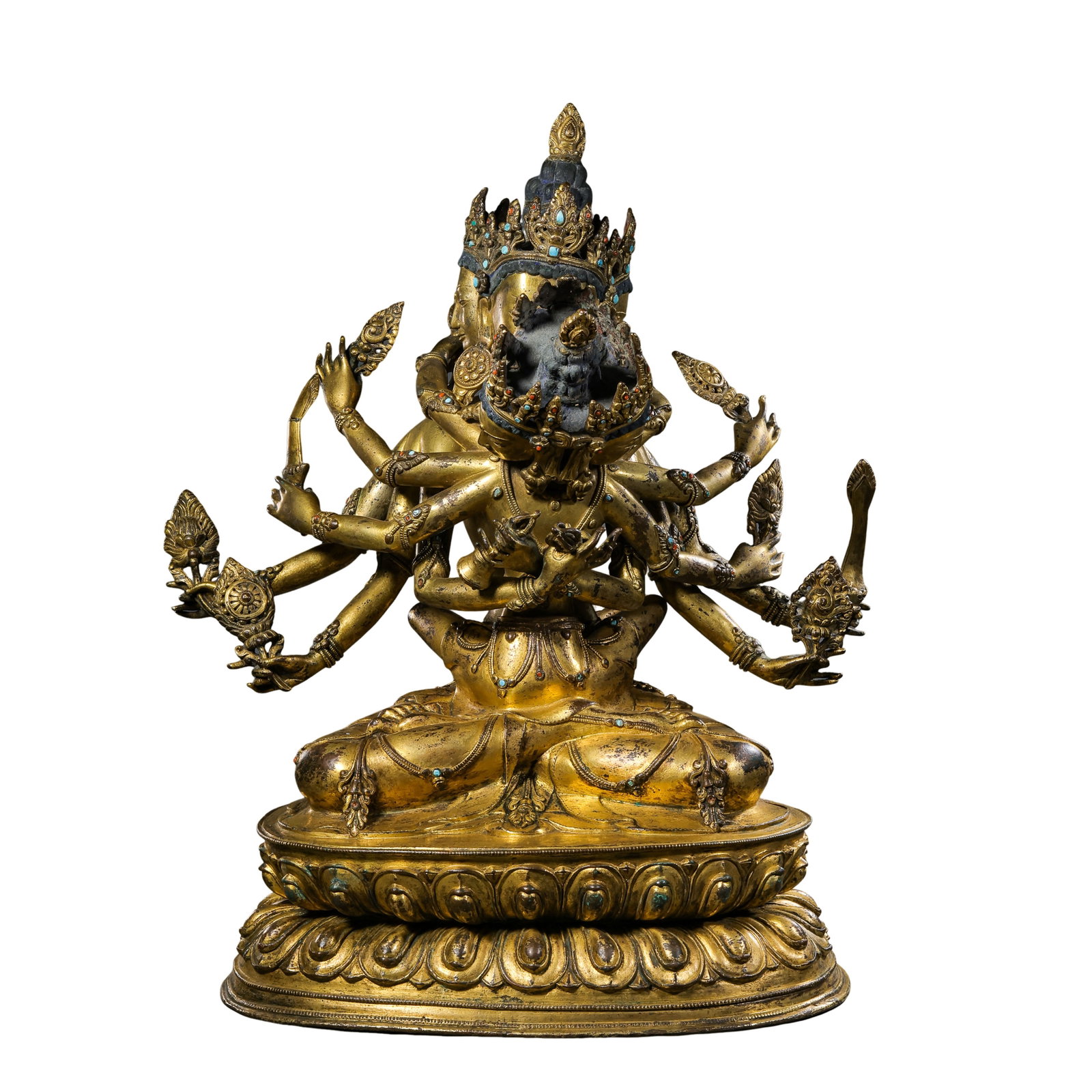 18th?Century Tibetan Gilt?Bronze Guhyasamaja Yab?Yum Statue: Dimension?H 43cm,W 29.5cm,Weight 14kg Condition & Provenance?All arms,the main deity and consort components are intact without cracks or losses.It retains original gilding with natural wear and partia