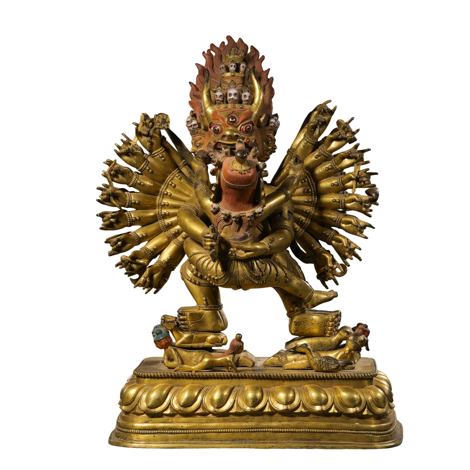 Qing Dynasty,Marked Da Qian Long Nian Zhi,Gilt?Bronze Yamantaka Yab?Yum Statue: Dimension?H 44.5cm,W 30.5cm,Weight 12.2kg Condition & Provenance?All arms,main deity and consort components are complete without breaks or losses.It retains original imperial gilding with natural age?