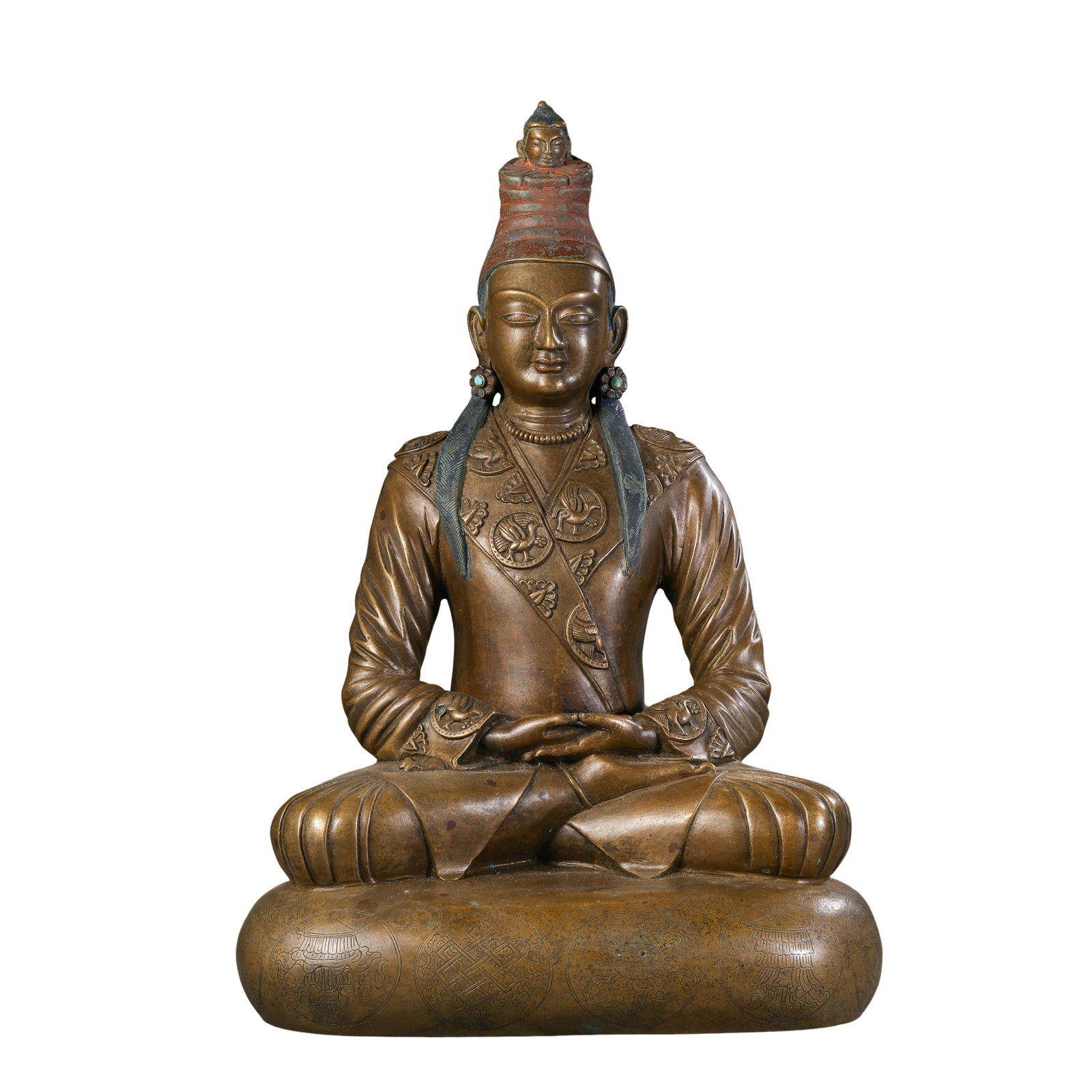 18th Century,Tibetan Copper?Alloy Seated Songtsen Gampo Statue: Dimension?H 32.5cm,W 23cm,Weight 5.06kg Condition & Provenance?Entire statue is integrally cast,no breaks,major losses or later repair welding.Original cinnabar pigment remains on tall headdress,turqu