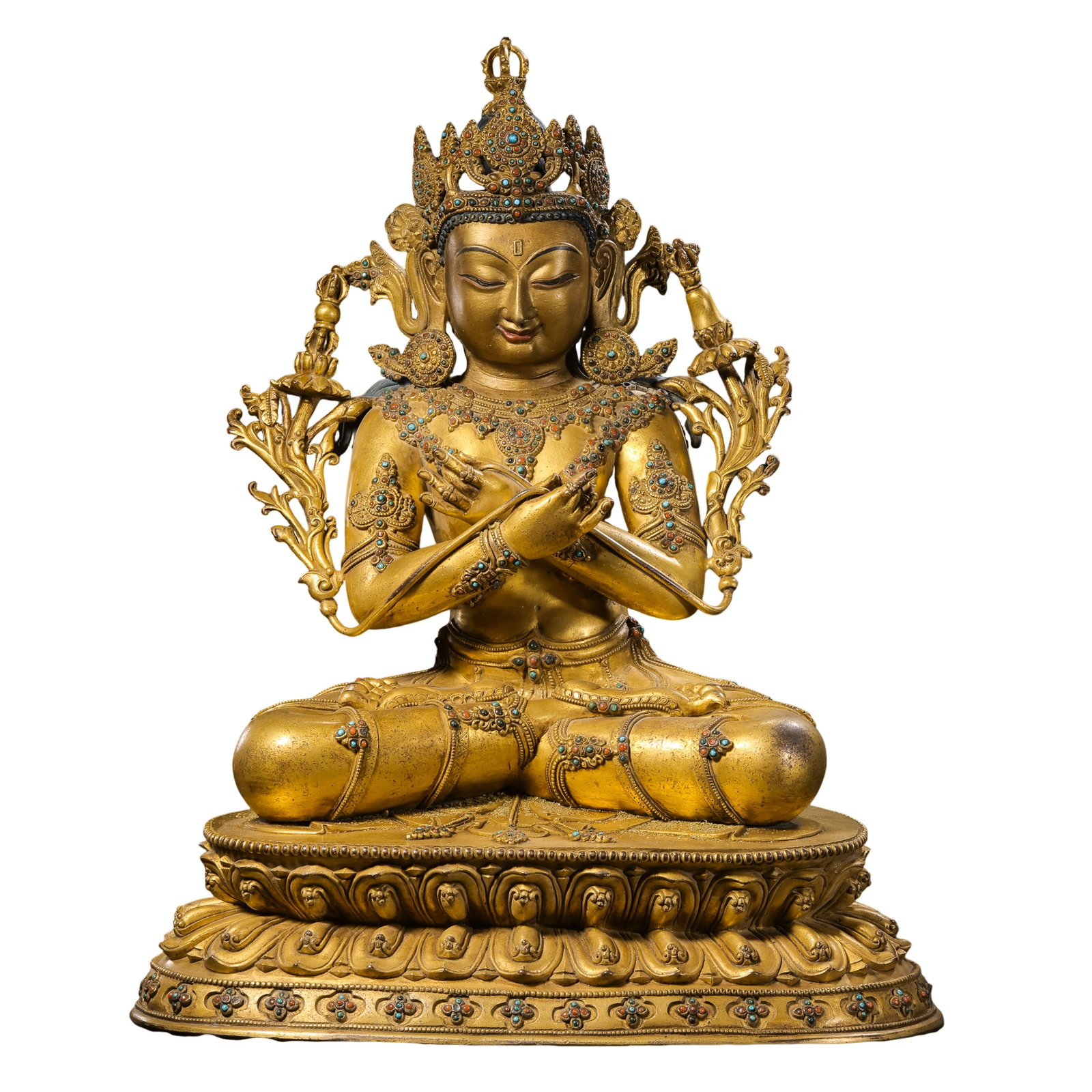 18th Century,Tibetan Gilt?Bronze Gem?Inlaid Seated Vajradhara: Dimension?H 39.5cm,W 37.5cm,Weight 11.02kg Condition & Provenance?Main body is single?piece cast.Majority gilding remains rich and intact,with gentle wear from long?term devotional worship.No breaks o