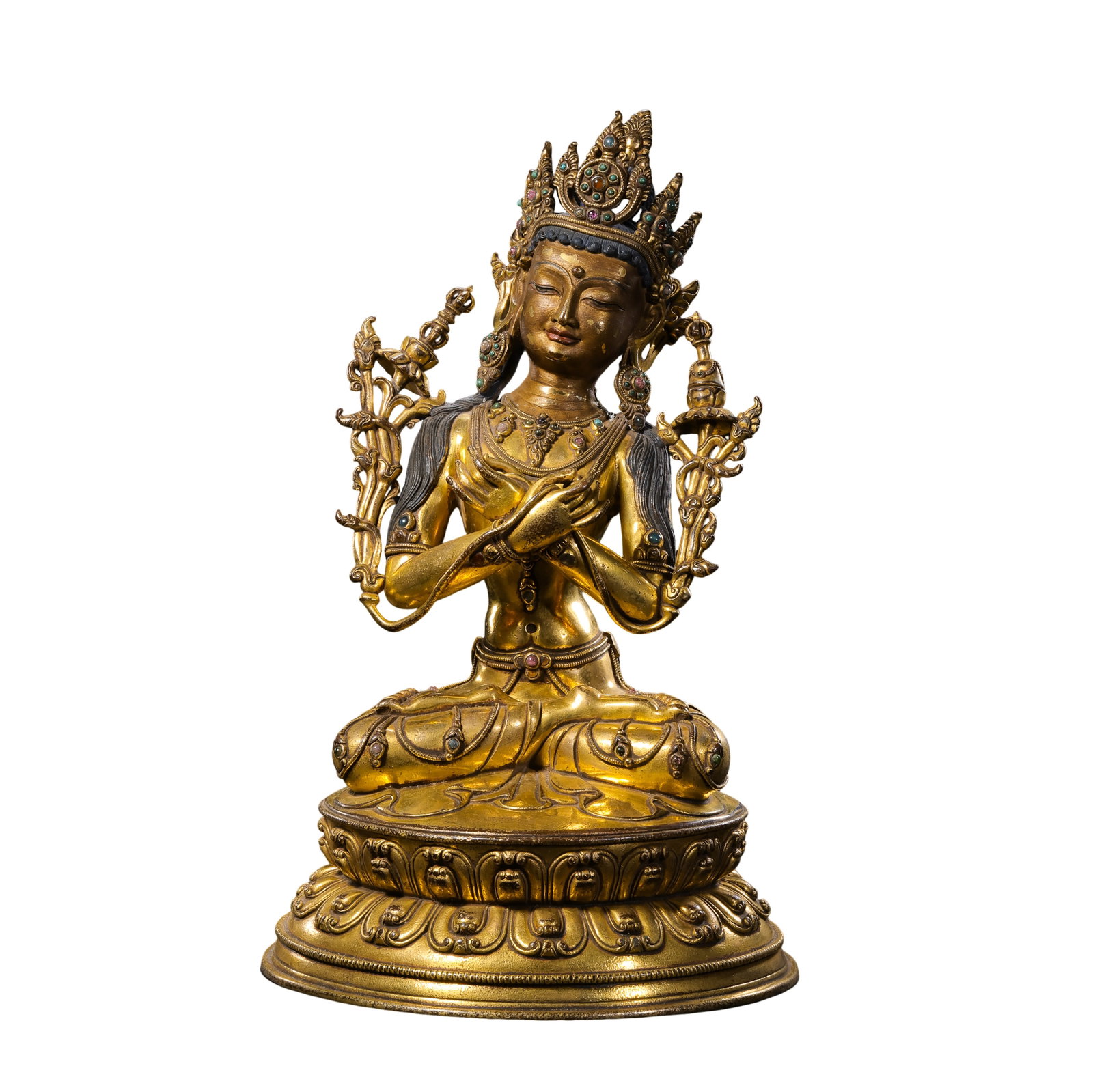 18th Century,Tibetan Gilt?Bronze Seated Manjushri Inlaid With Gems: Dimension?H 33.5cm,W 20.7cm,Weight 5.16kg Condition & Provenance?Solid single?piece casting.Majority of original gilding survives.Age?related devotional wear across surface,minor gilding abrasion,a fe