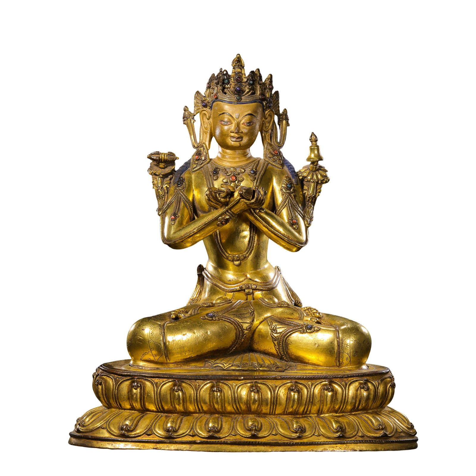 18th Century,Tibetan Gilt?Bronze Gem?Inlaid Seated Vajradhara: Dimension?H 32.5cm,W 28cm,Weight 5.41kg Condition & Provenance?Solid cast figure.Preserved well?kept original gilding.Natural soft devotional wear over long time of worship,minor gilding abrasion on r