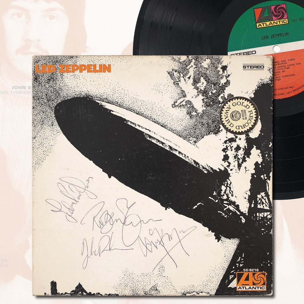 LED ZEPPELIN FULLY SIGNED "LED ZEPPELIN" LP: 12 3/8 x 12 3/8 in (31.5 x 31.5 cm) Provenance and Authentication: According to the Letter of Authenticity (LOA) and Certificate of Authenticity (COA) provided by the consignor, this collectible was s
