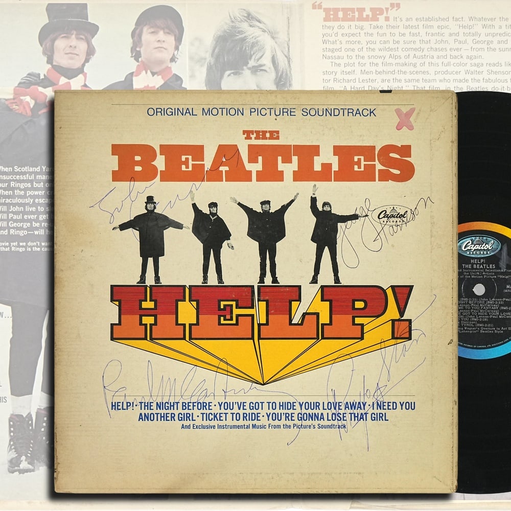 THE BEATLES FULLY SIGNED "HELP!" 1965 U.S. FIRST PRESSING LP: 12 1/4 x 12 1/4 in Provenance and Authentication: According to the accompanying documentation provided by the consignor, the signatures have been examined with reference to multiple factors, including