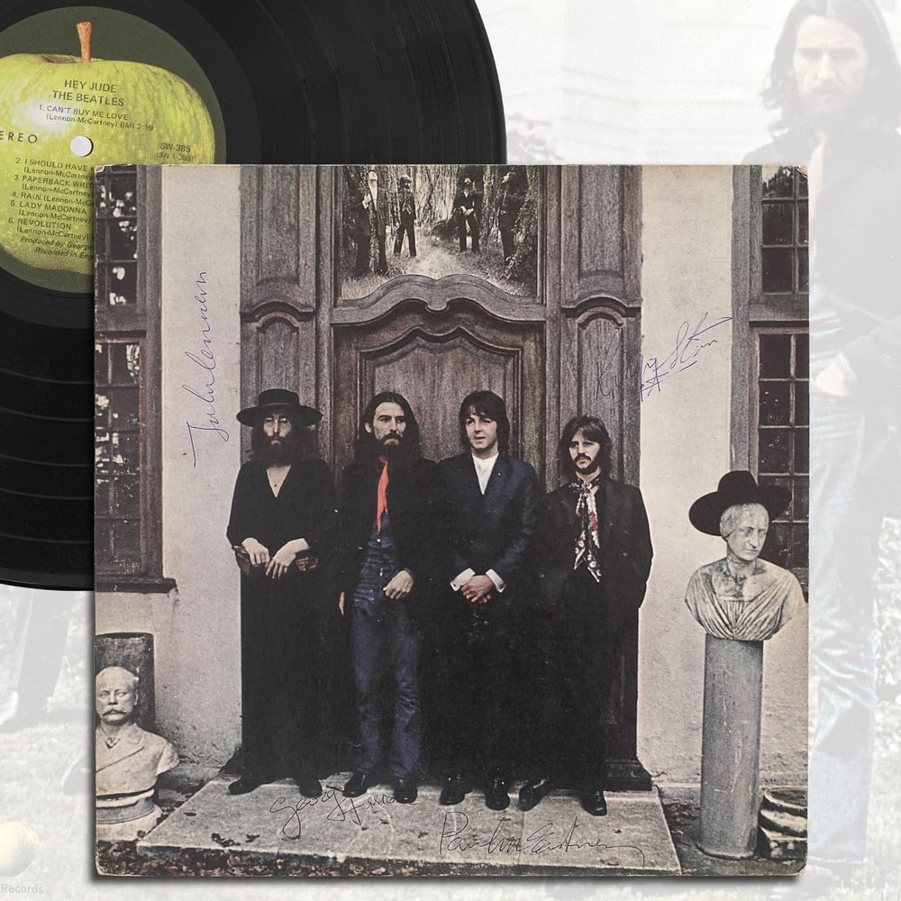THE BEATLES FULLY SIGNED "HEY JUDE" LP: 12 3/8 x 12 3/8 in (31.5 x 31.5 cm) Provenance and Authentication: According to the Letter of Authenticity (LOA) and Certificate of Authenticity (COA) provided by the consignor, this collectible was