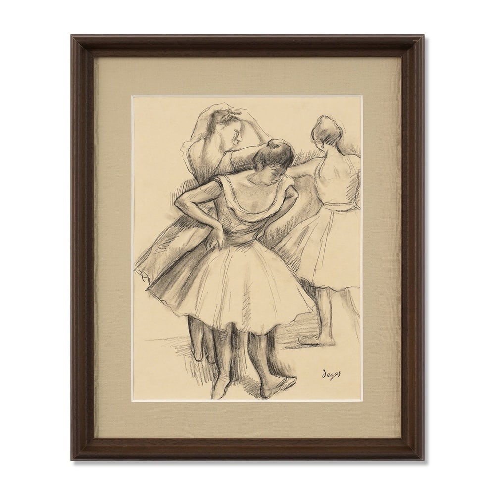 EDGAR DEGAS (1834-1917), ATTRIBUTED TO, "THREE DANCERS AT REHEARSAL", 1890, CHARCOAL ON PAPER: Signed (lower right) Image Dimensions: 14 1/2 x 11 in (36.8 x 27.9 cm) Framed Dimensions: 20 1/8 x 16 1/2 in (51 x 42 cm) This painting comes with COA. Executed in 1890, Three Dancers at Rehearsal