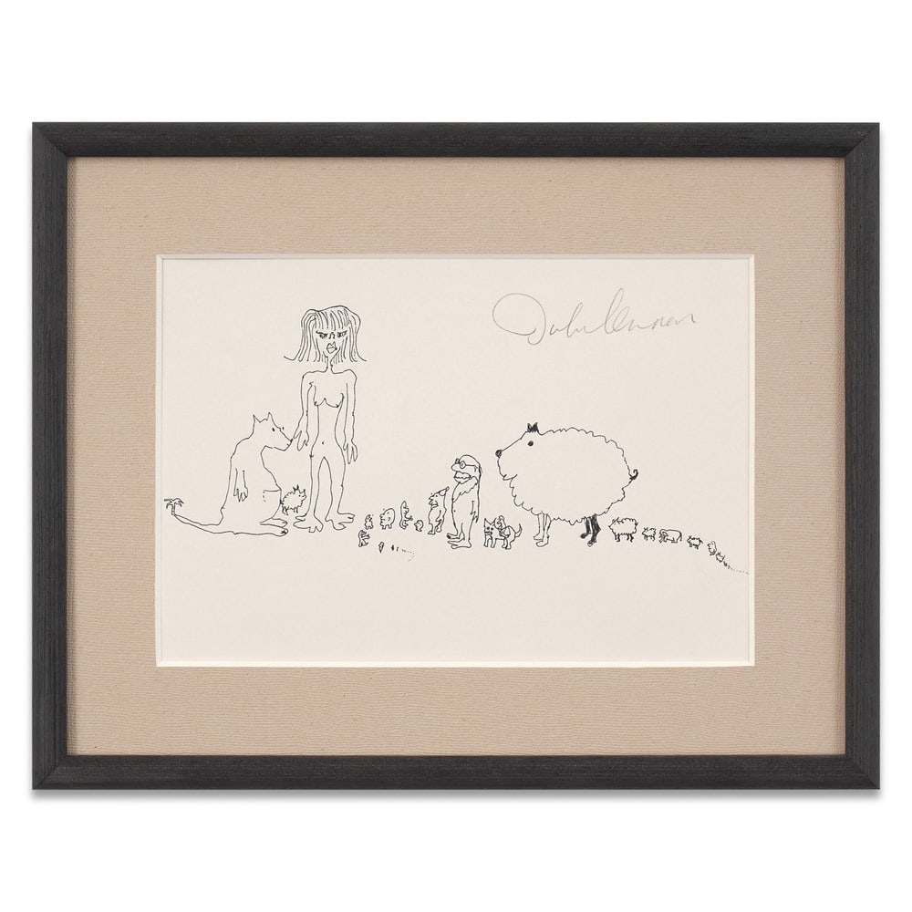 JOHN LENNON SIGNED CHARACTER AND ANIMAL SKETCH: Image Dimensions: 7 7/8 x 11 5/8 in (20 x 29.5 cm) Framed Dimensions: 13 1/4 x 16 3/4 in (33.7 x 42.7 cm) Provenance and Authentication: According to the Letter of Authenticity (LOA) and Certificate