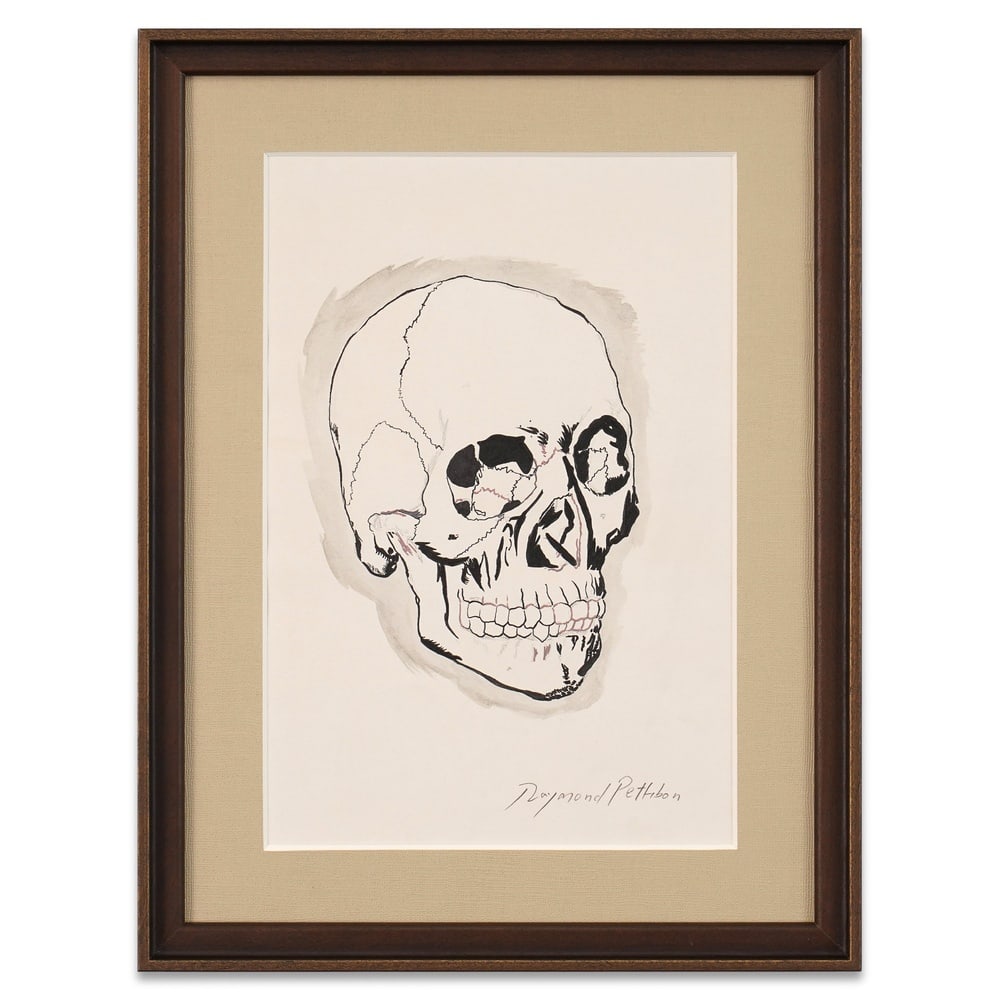 RAYMOND PETTIBON SIGNED SKULL DRAWING: Image Dimensions: 15 1/2 x 10 3/8 in (39.3 x 26.5 cm) Framed Dimensions: 21 1/8 x 16 1/4 in (53.8 x 41.2 cm) Provenance and Authentication: According to the Letter of Authenticity (LOA) and Certificat