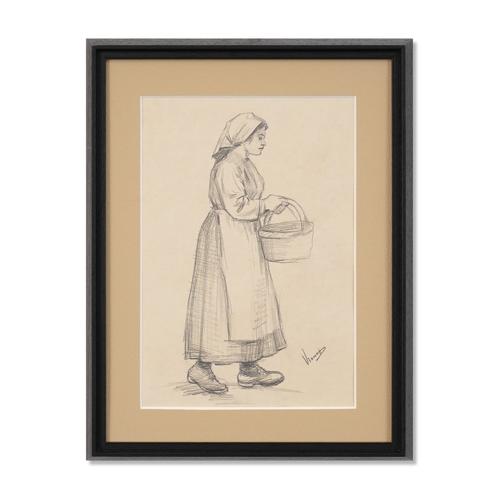 VINCENT VAN GOGH (1853-1890), ATTRIBUTED TO, "STANDING WOMAN WITH A BASKET", 1882, PENCIL ON PAPER: Signed (lower right) Image Dimensions: 15 3/8 x 10 1/2 in (39 x 26.8 cm) Framed Dimensions: 21 x 16 1/8 in (53.4 x 41 cm) This painting comes with COA. Dating to 1882, Standing Woman with a Basket